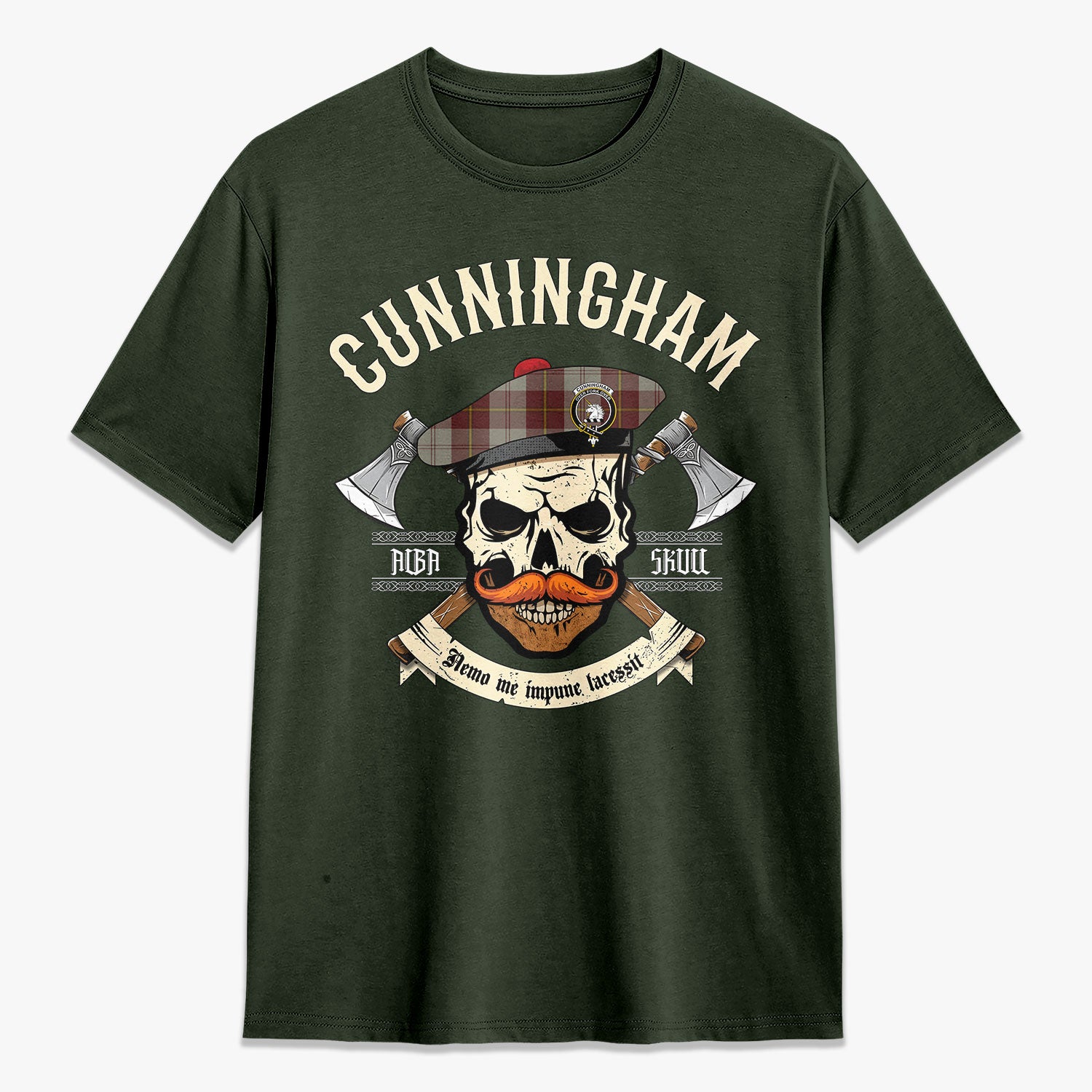 Cunningham Burgundy Dancers Tartan Crest 2D T-shirt - Alba Skull Style