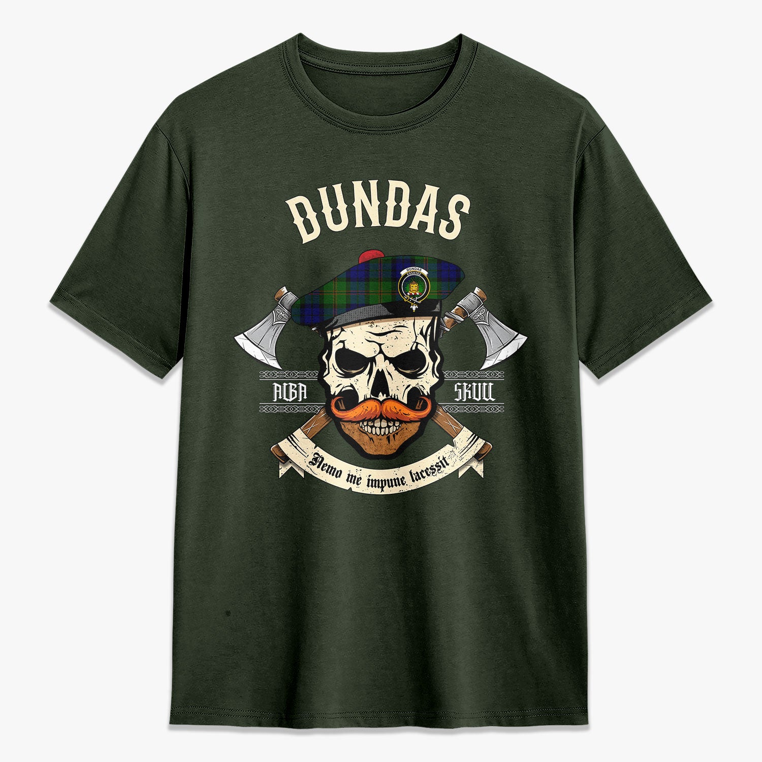 Dundas Modern Tartan Crest 2D T-shirt - Alba Skull Style