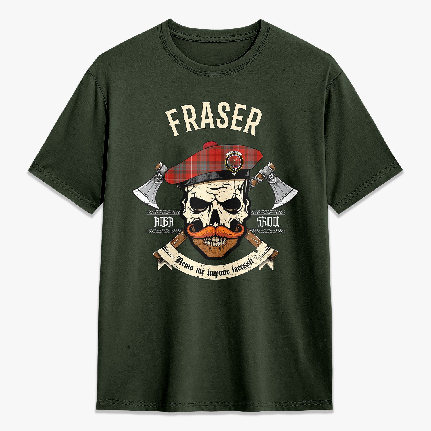 Fraser (of Lovat) Weathered Tartan Crest 2D T-shirt - Alba Skull Style