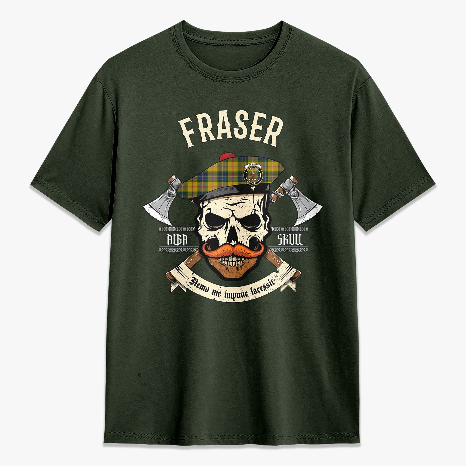 Fraser (of Lovat) Yellow Tartan Crest 2D T-shirt - Alba Skull Style