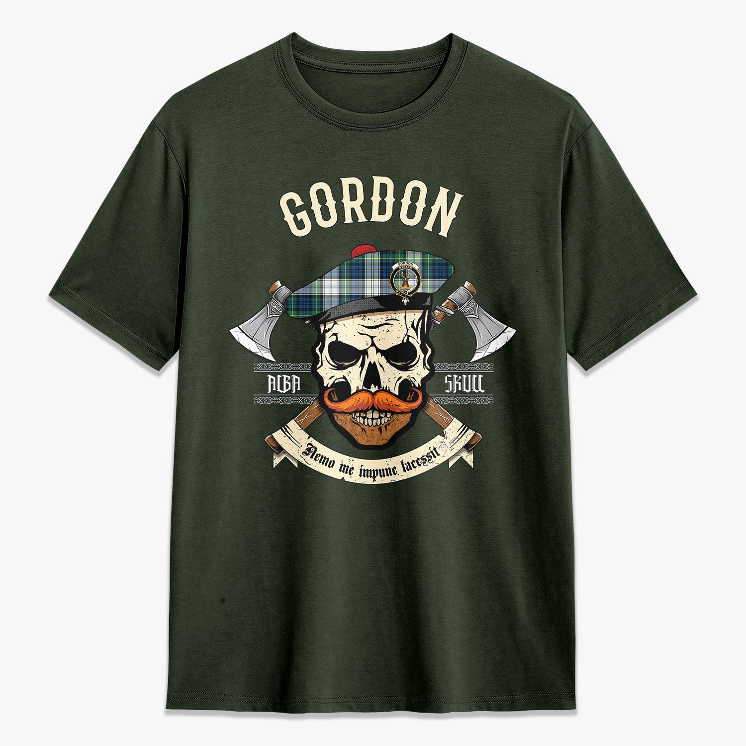 Gordon Dress Ancient Tartan Crest 2D T-shirt - Alba Skull Style