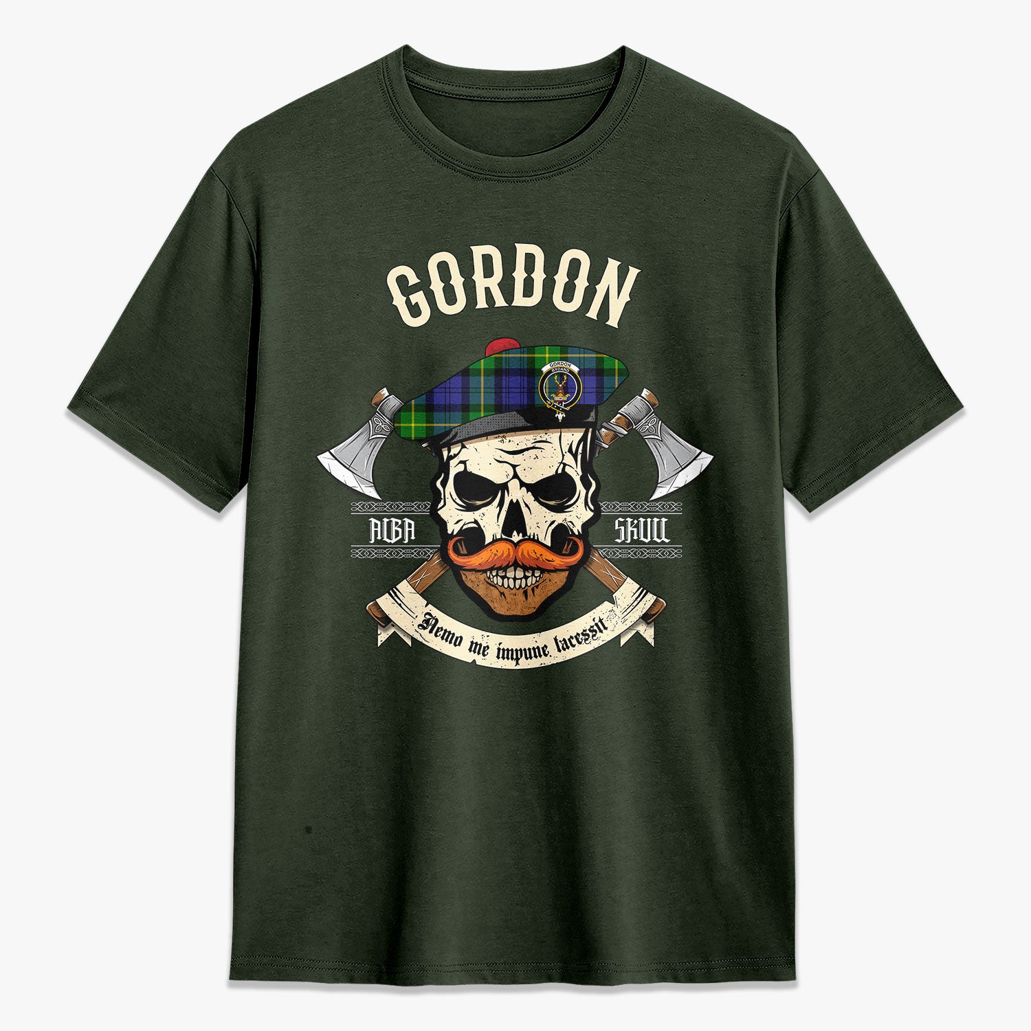 Gordon Modern Tartan Crest 2D T-shirt - Alba Skull Style