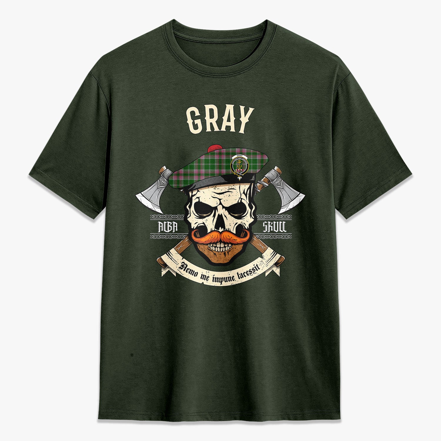 Gray Hunting Tartan Crest 2D T-shirt - Alba Skull Style