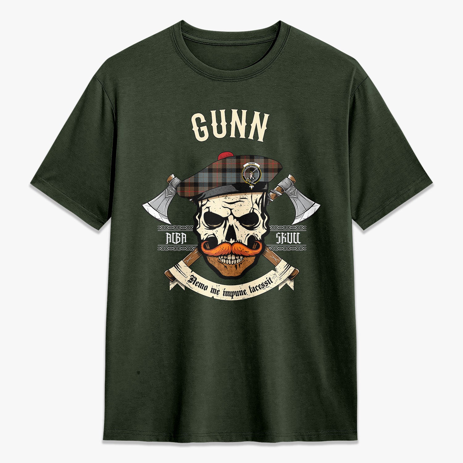 Gunn Weathered Tartan Crest 2D T-shirt - Alba Skull Style