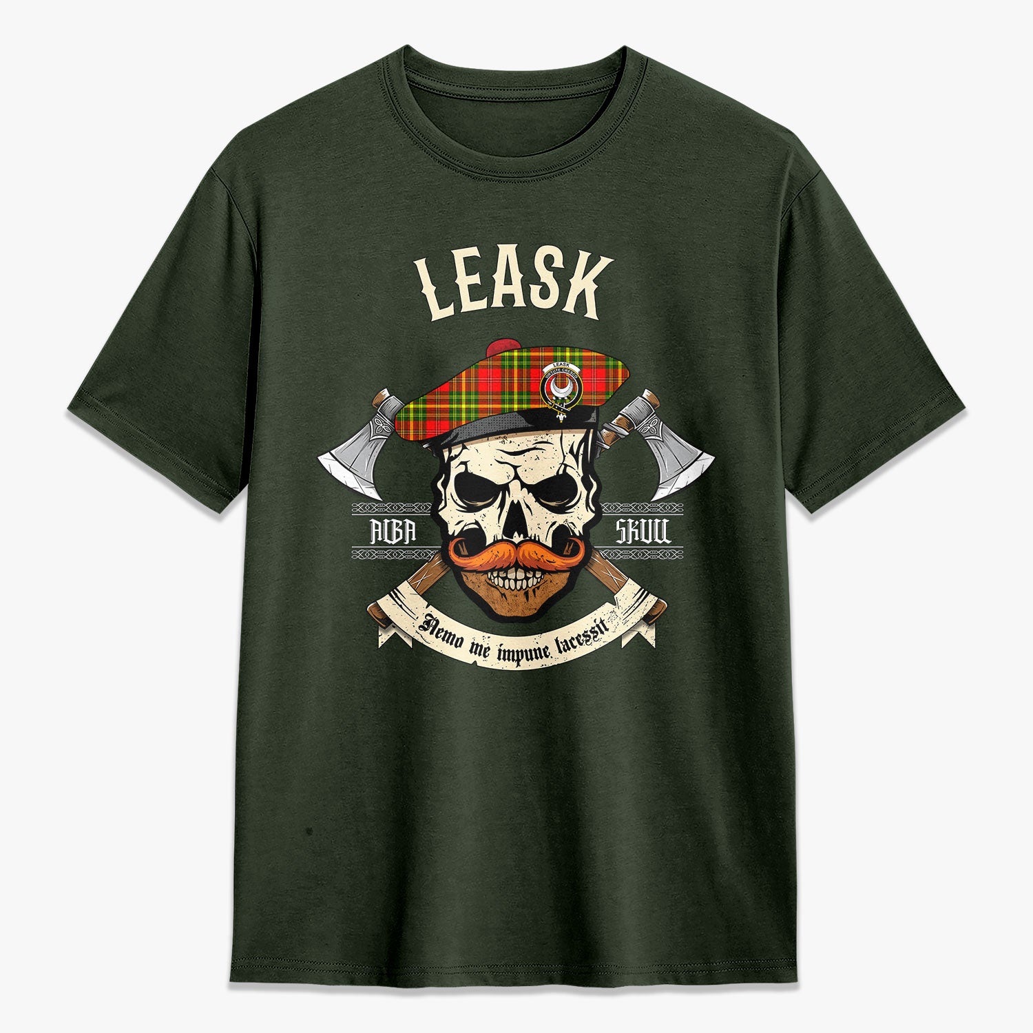 Leask Tartan Crest 2D T-shirt - Alba Skull Style