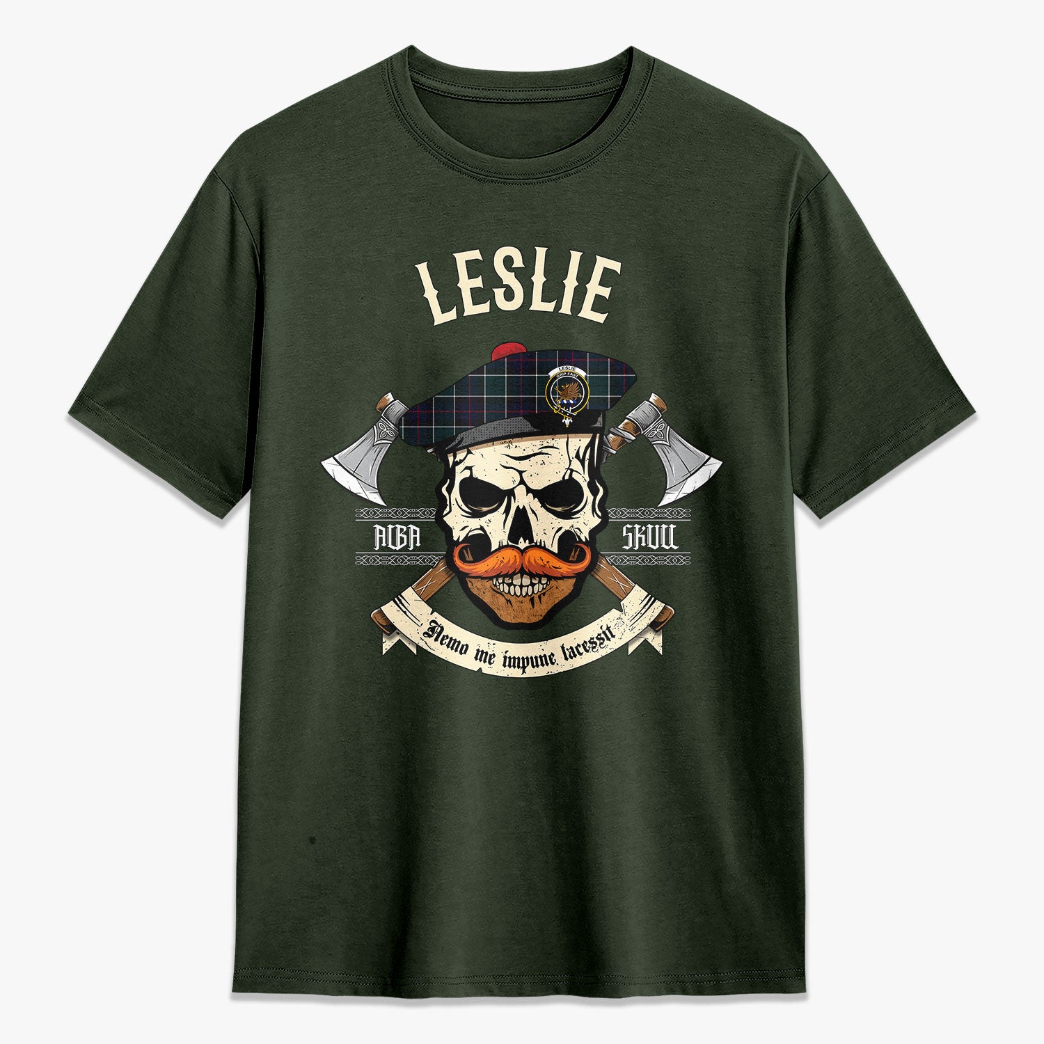 Leslie Hunting Modern Tartan Crest 2D T-shirt - Alba Skull Style