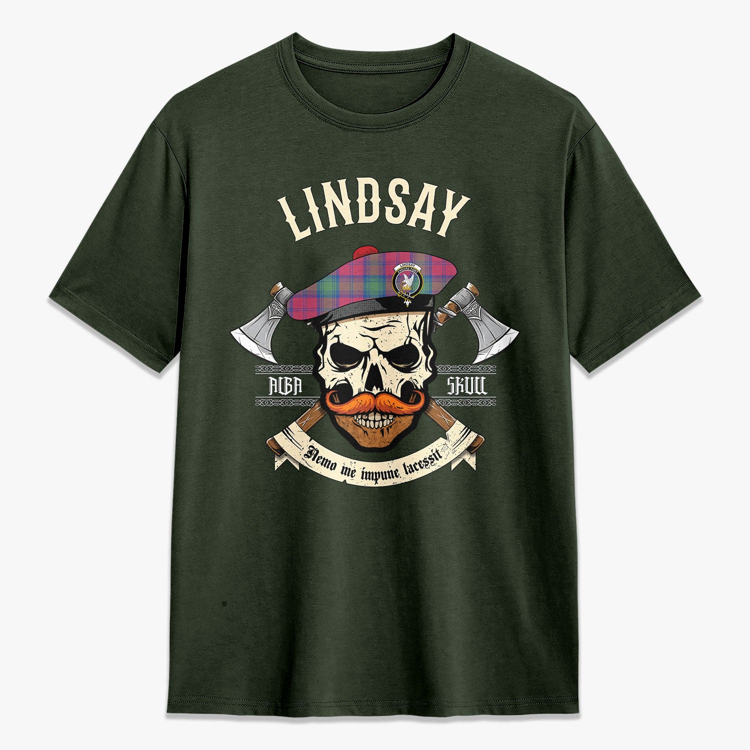 Lindsay Ancient Tartan Crest 2D T-shirt - Alba Skull Style