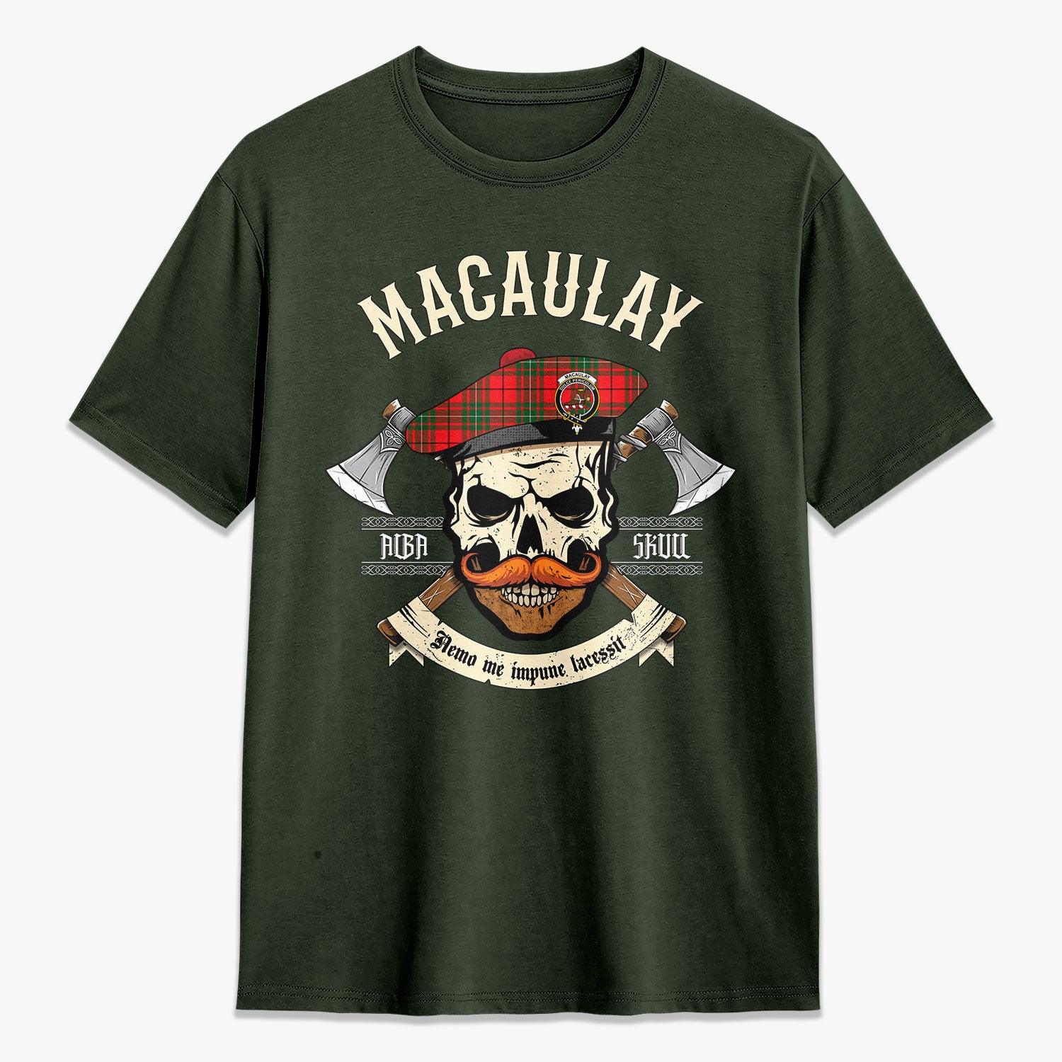 MacAulay Modern Tartan Crest 2D T-shirt - Alba Skull Style