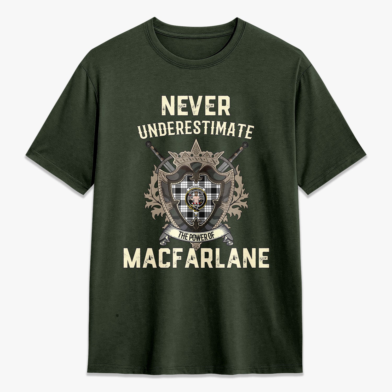 MacFarlane Black - White Tartan Crest 2D T-shirt - Never Underestimate Style