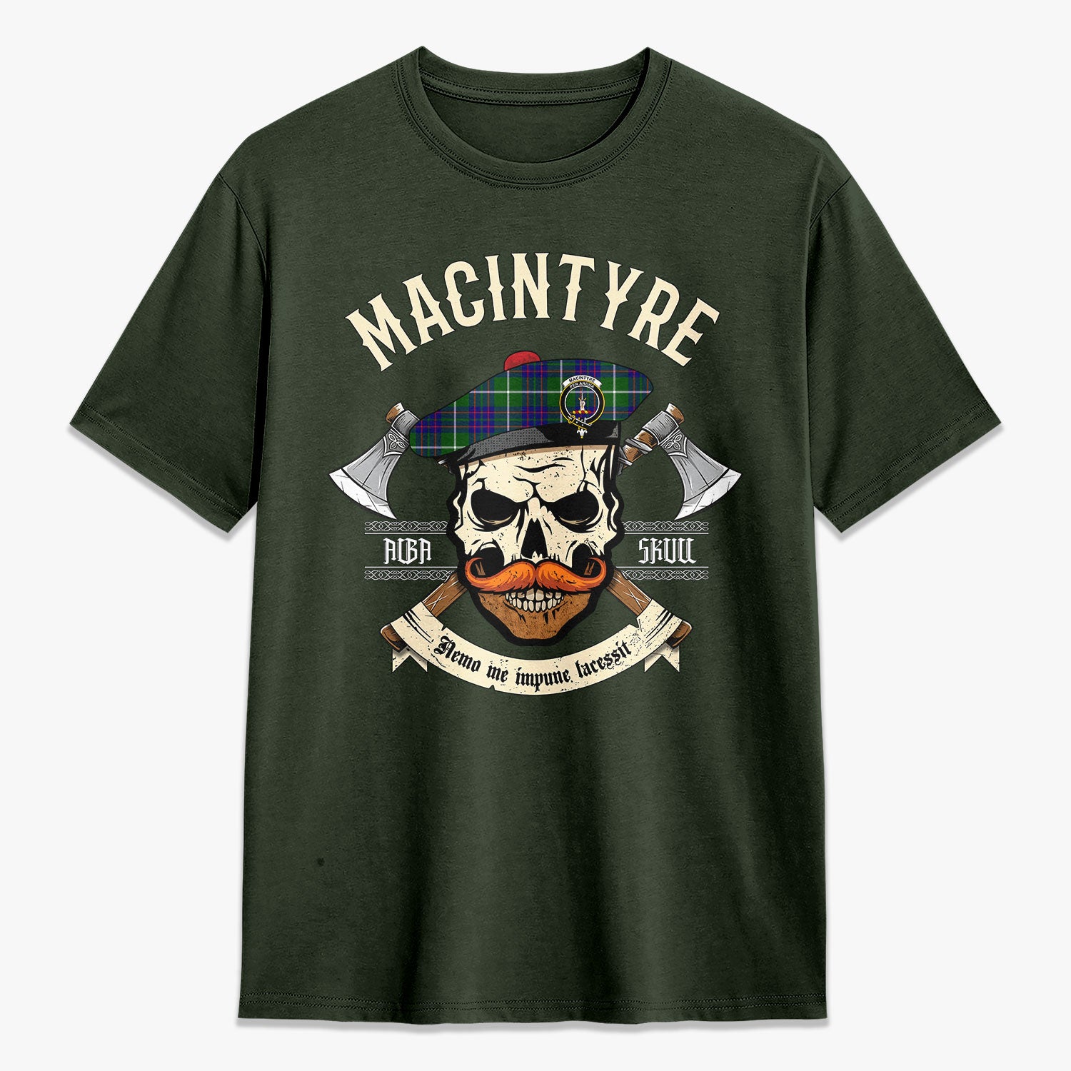 MacIntyre Hunting Modern Tartan Crest 2D T-shirt - Alba Skull Style