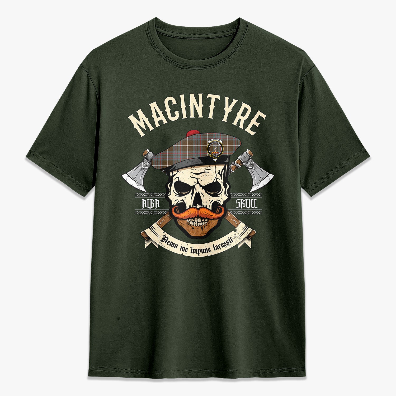 MacIntyre Hunting Weathered Tartan Crest 2D T-shirt - Alba Skull Style