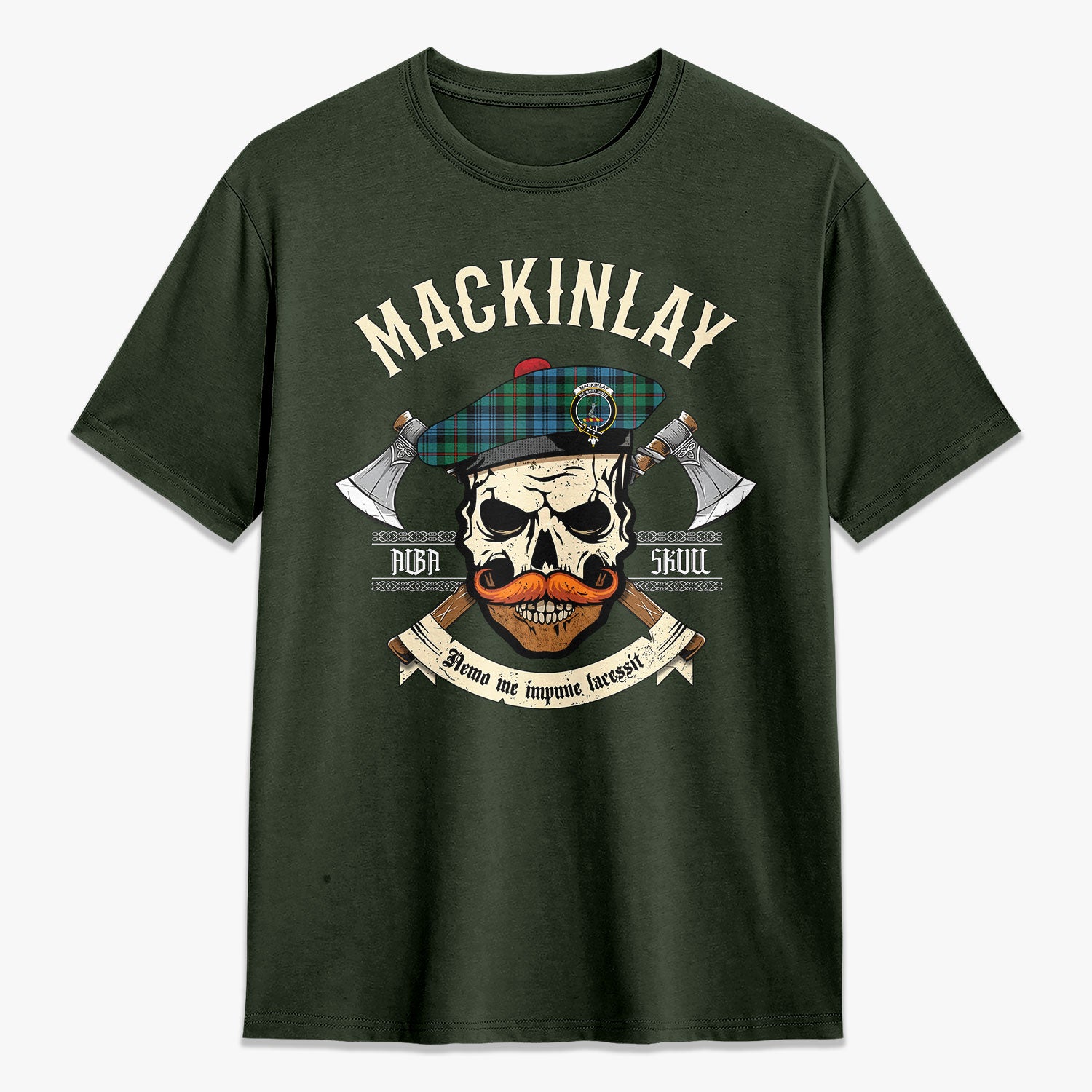 MacKinlay Ancient Tartan Crest 2D T-shirt - Alba Skull Style