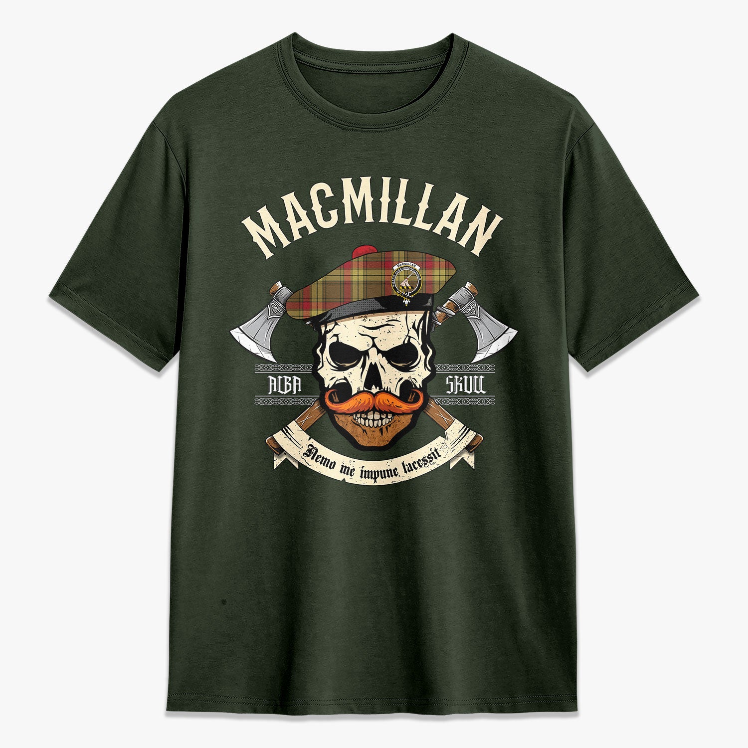 MacMillan Old Weathered Tartan Crest 2D T-shirt - Alba Skull Style