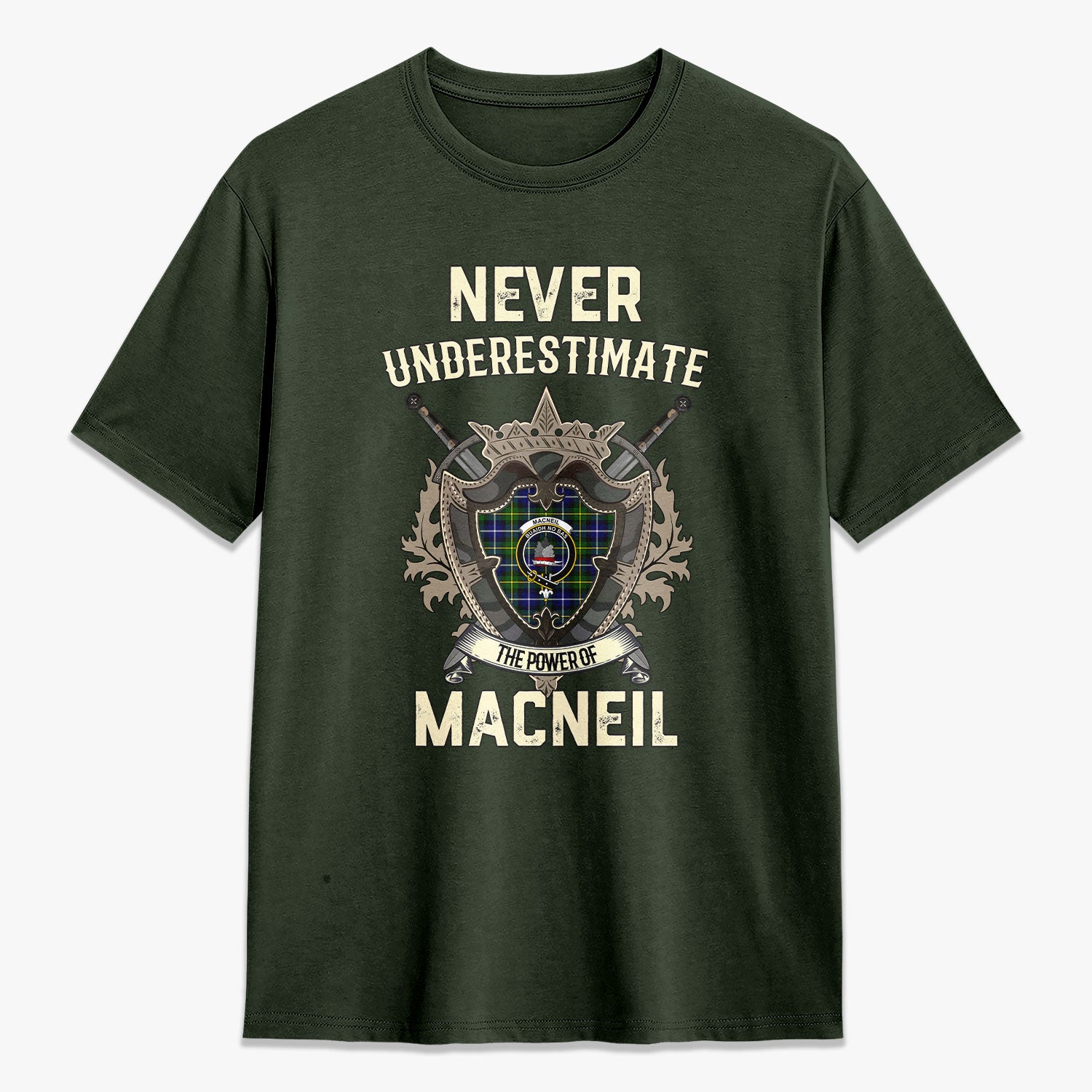 MacNeil of Barra Modern Tartan Crest 2D T-shirt - Never Underestimate Style