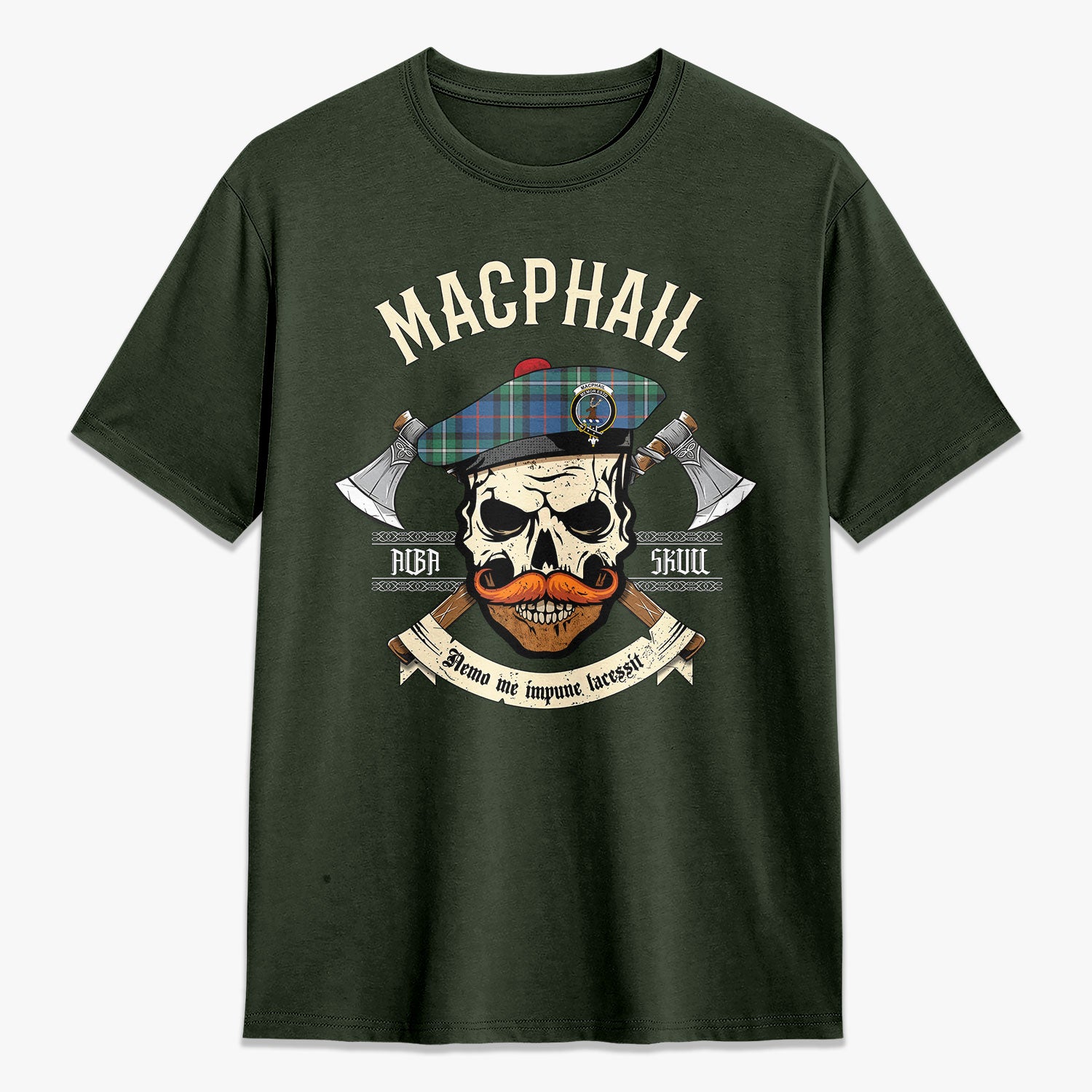 MacPhail Hunting Ancient Tartan Crest 2D T-shirt - Alba Skull Style