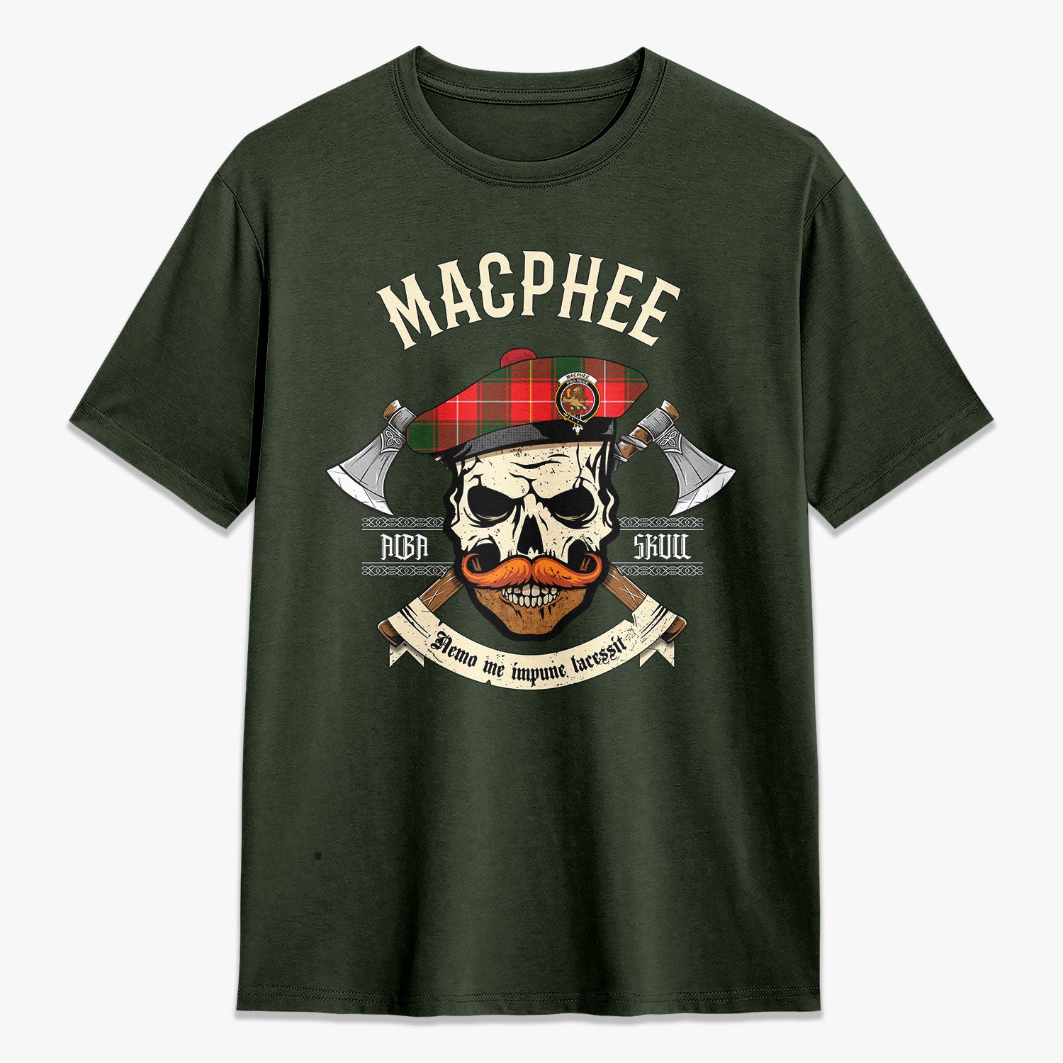 MacPhee Modern Tartan Crest 2D T-shirt - Alba Skull Style