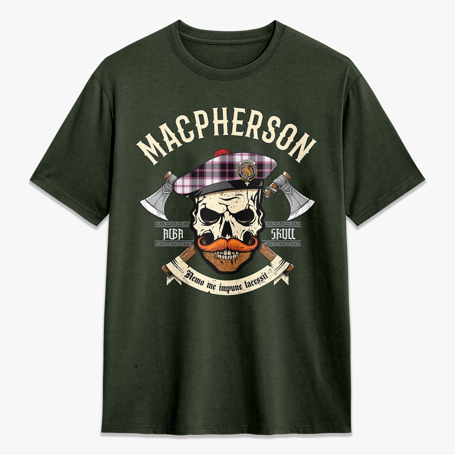 MacPherson Hunting Modern Tartan Crest 2D T-shirt - Alba Skull Style