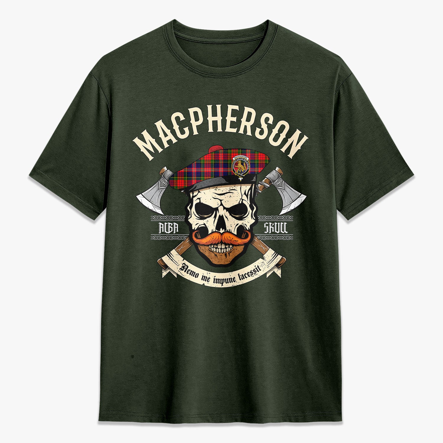 MacPherson Modern Tartan Crest 2D T-shirt - Alba Skull Style