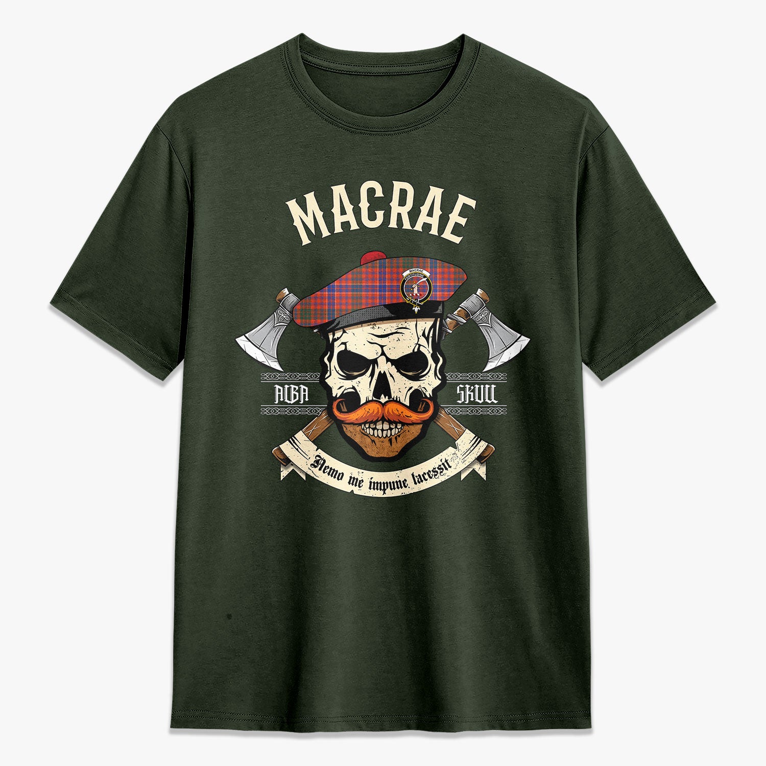 MacRae Ancient Tartan Crest 2D T-shirt - Alba Skull Style