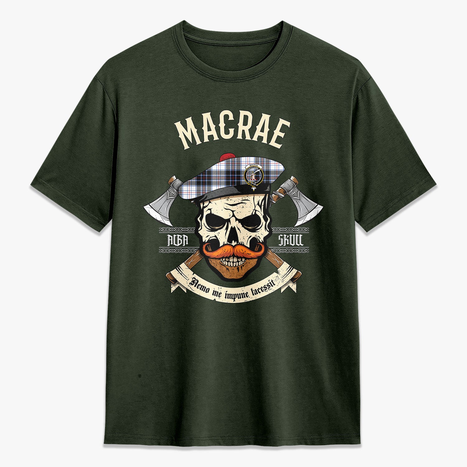 MacRae Dress Modern Tartan Crest 2D T-shirt - Alba Skull Style
