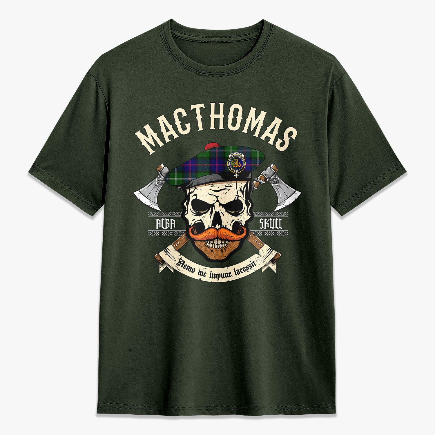 MacThomas Modern Tartan Crest 2D T-shirt - Alba Skull Style