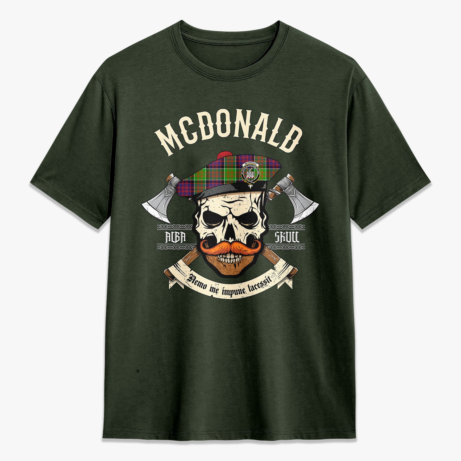 McDonald (Clan Ranald) Tartan Crest 2D T-shirt - Alba Skull Style