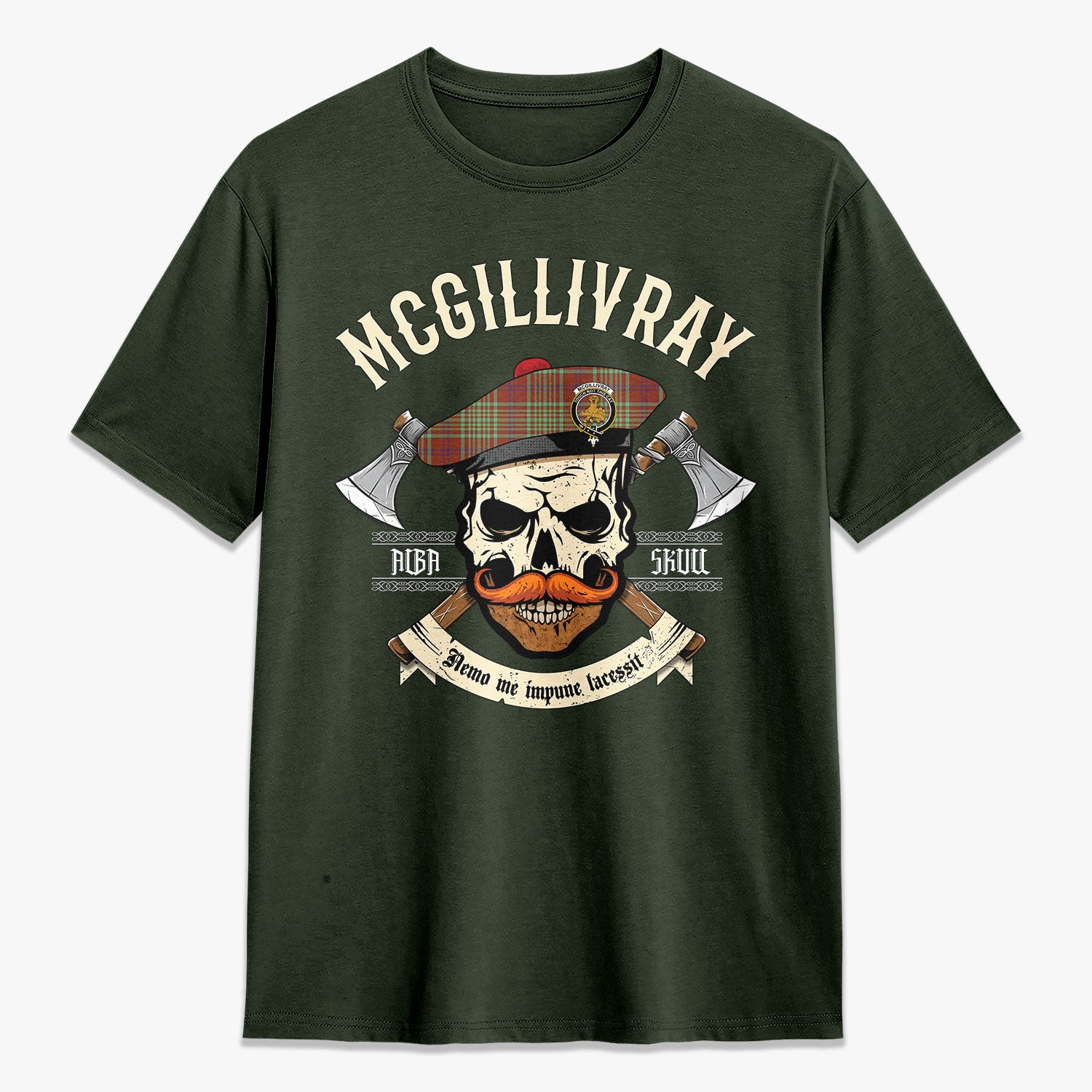 McGillivray Hunting Ancient Tartan Crest 2D T-shirt - Alba Skull Style