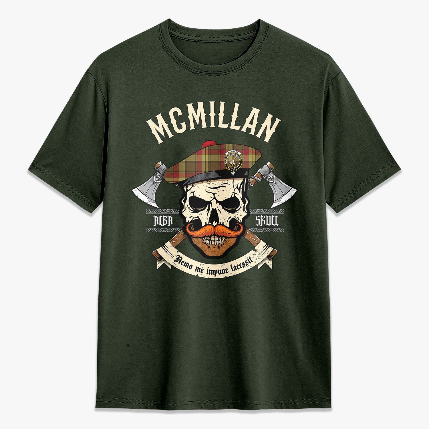 McMillan Old Weathered Tartan Crest 2D T-shirt - Alba Skull Style