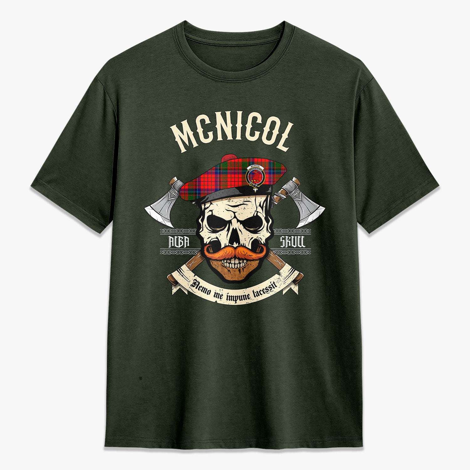 McNicol (of Scorrybreac) Tartan Crest 2D T-shirt - Alba Skull Style