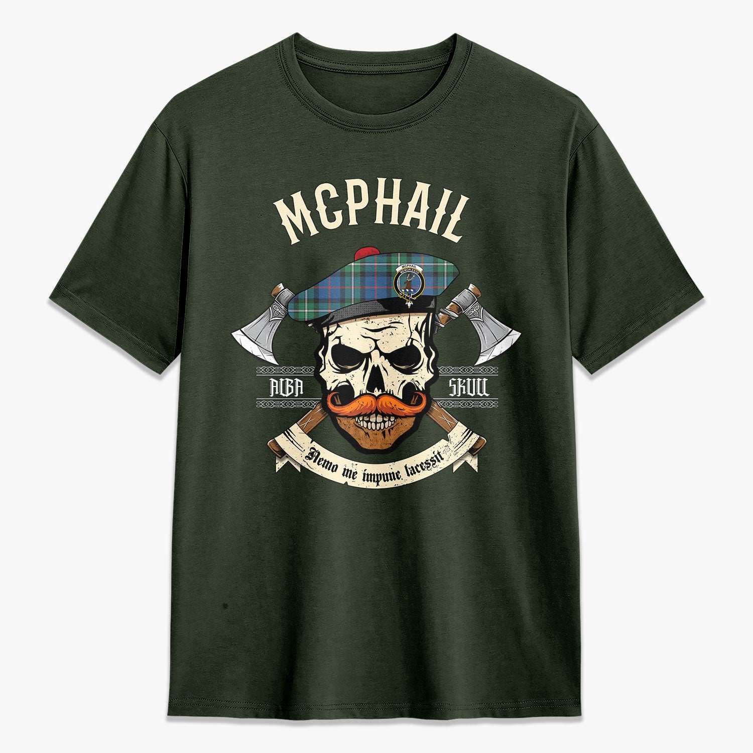 McPhail Hunting Ancient Tartan Crest 2D T-shirt - Alba Skull Style