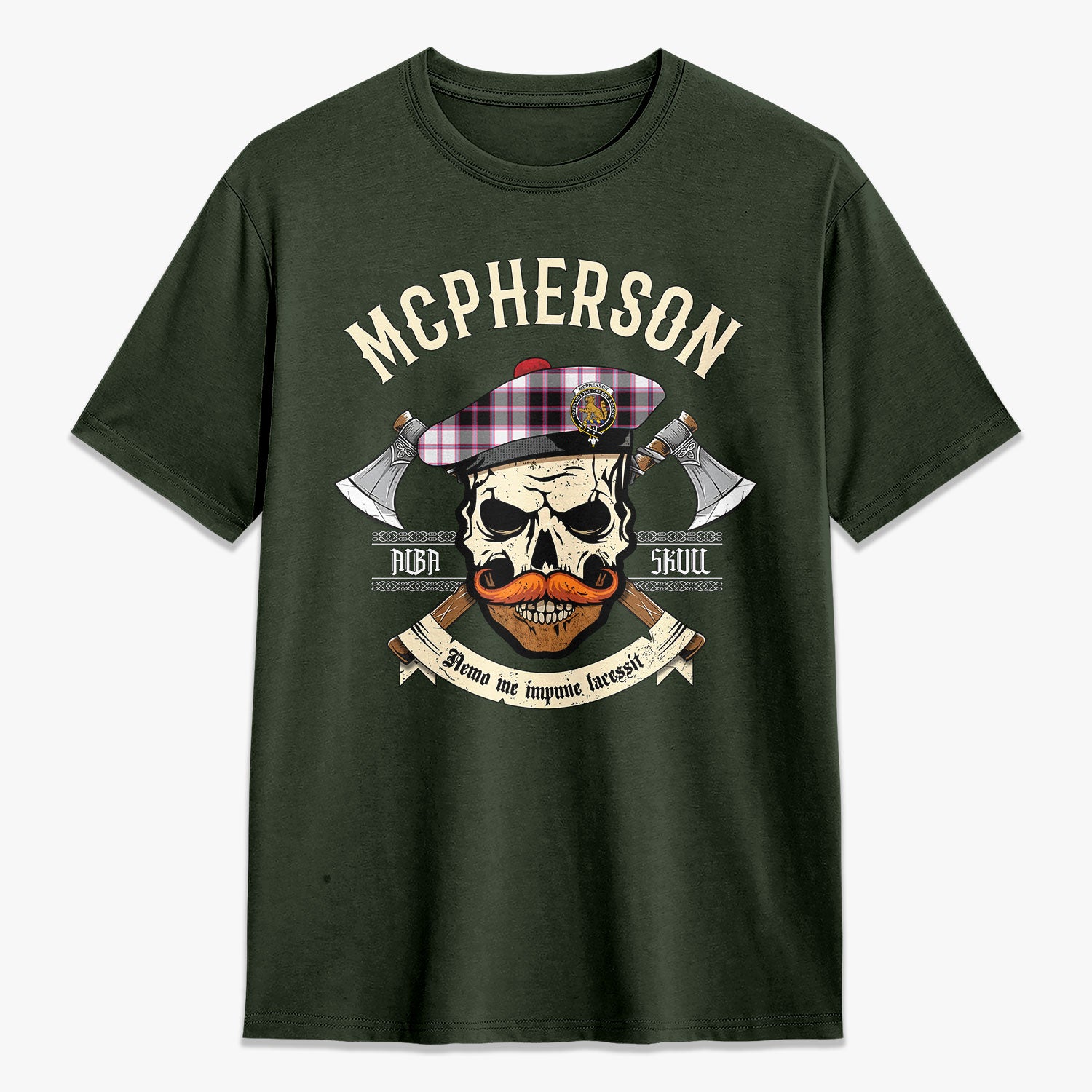 McPherson Hunting Modern Tartan Crest 2D T-shirt - Alba Skull Style