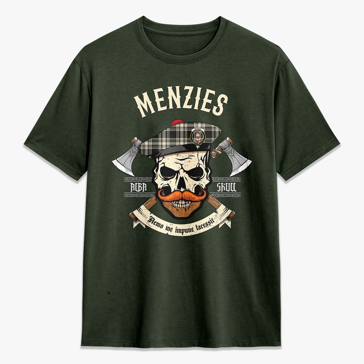 Menzies Black - White Ancient Tartan Crest 2D T-shirt - Alba Skull Style