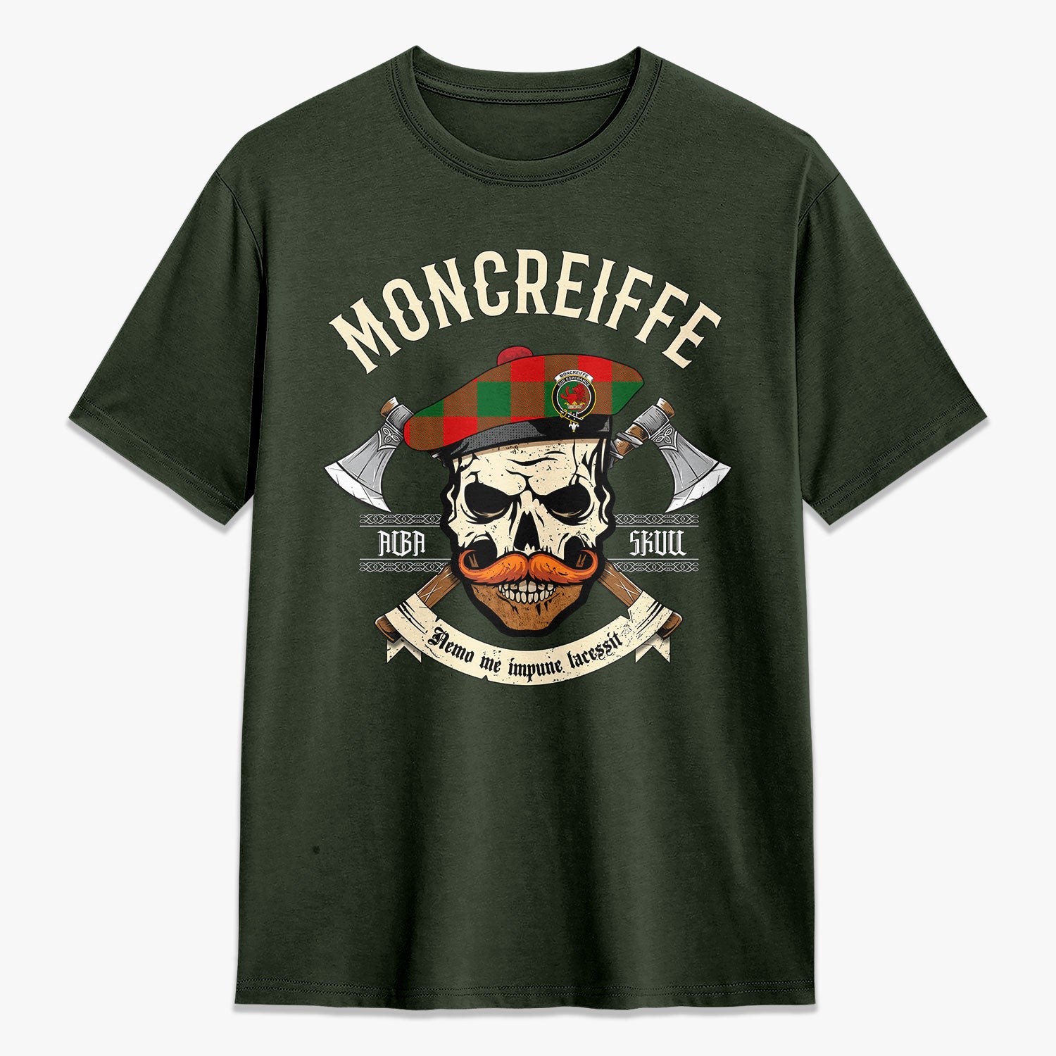 Moncreiffe (or Moncreiff) Tartan Crest 2D T-shirt - Alba Skull Style