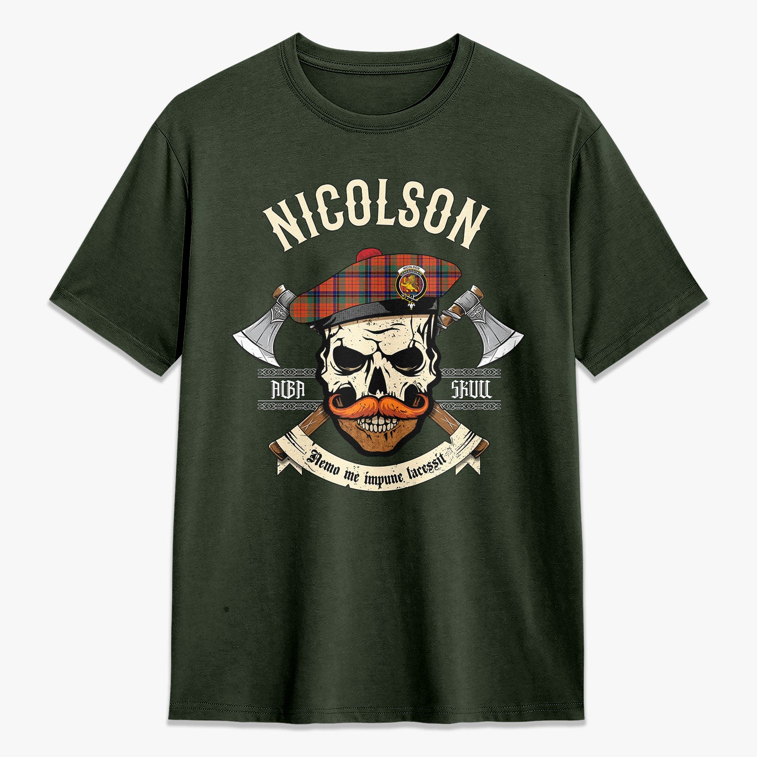 Nicolson Ancient Tartan Crest 2D T-shirt - Alba Skull Style