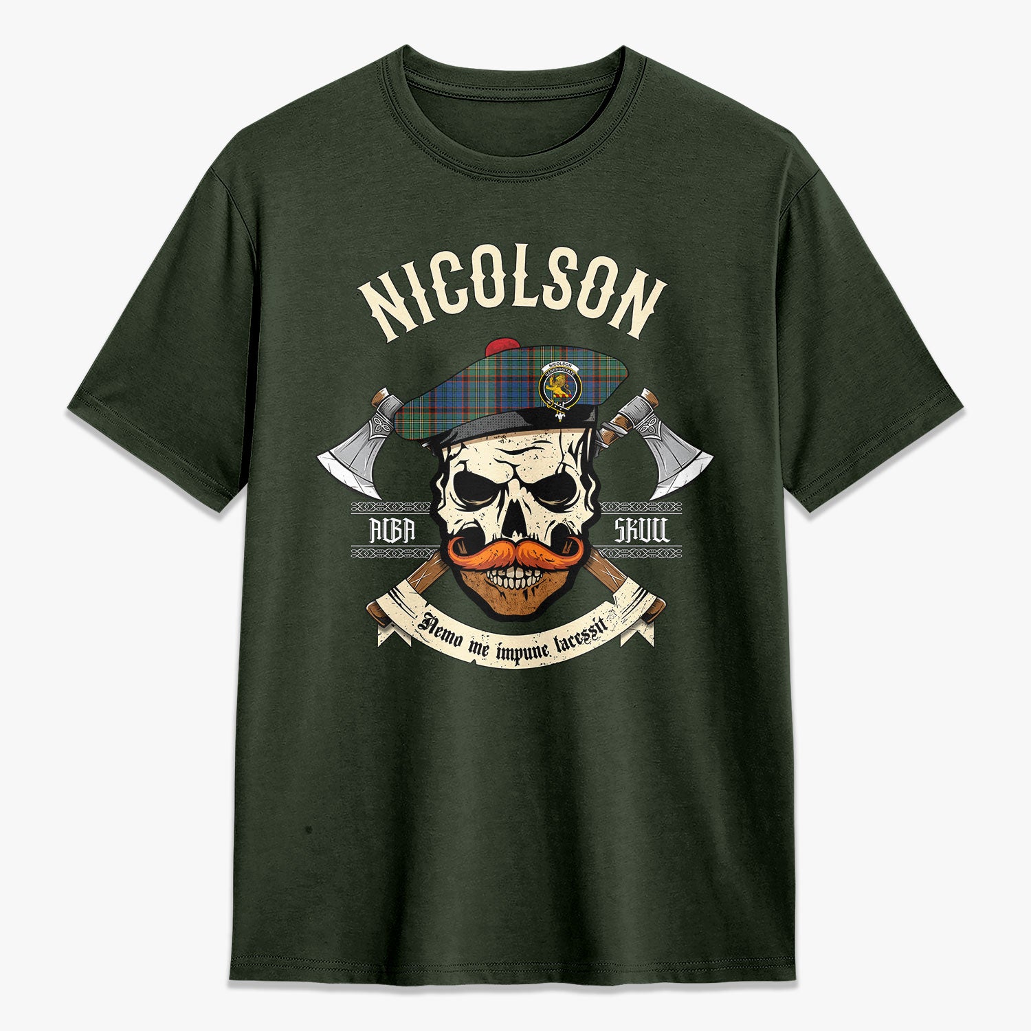 Nicolson Hunting Ancient Tartan Crest 2D T-shirt - Alba Skull Style