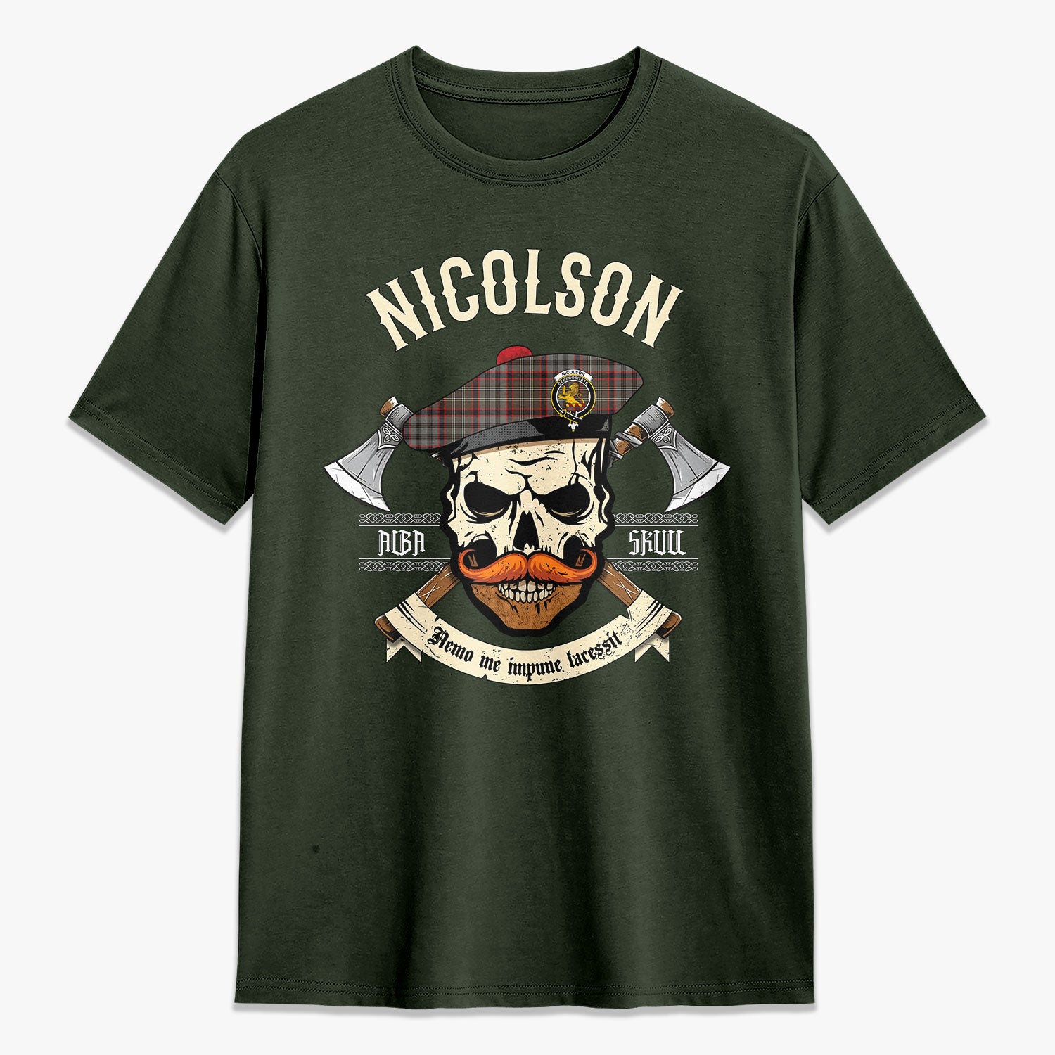 Nicolson Hunting Weathered Tartan Crest 2D T-shirt - Alba Skull Style