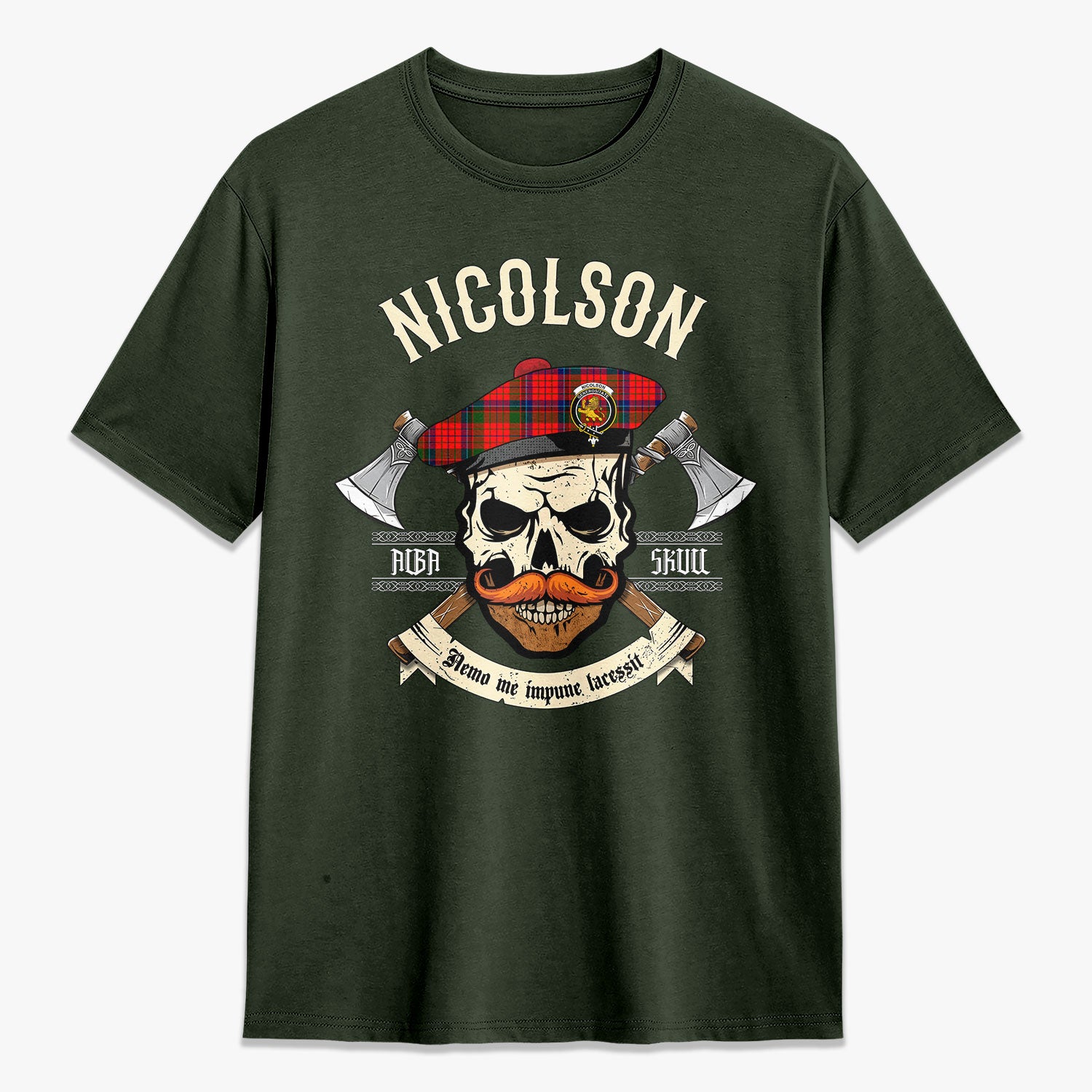 Nicolson Modern Tartan Crest 2D T-shirt - Alba Skull Style