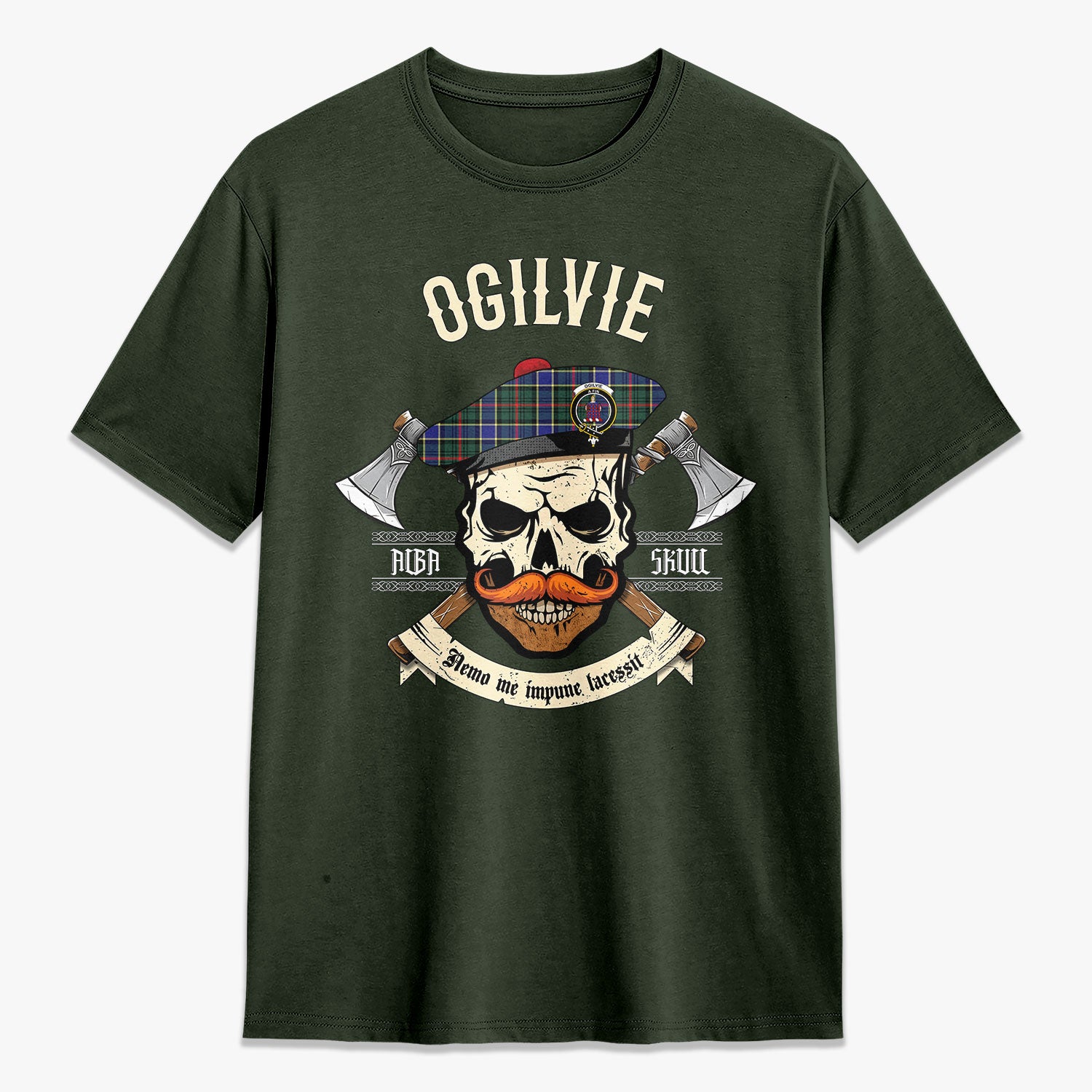 Ogilvie Hunting Modern Tartan Crest 2D T-shirt - Alba Skull Style