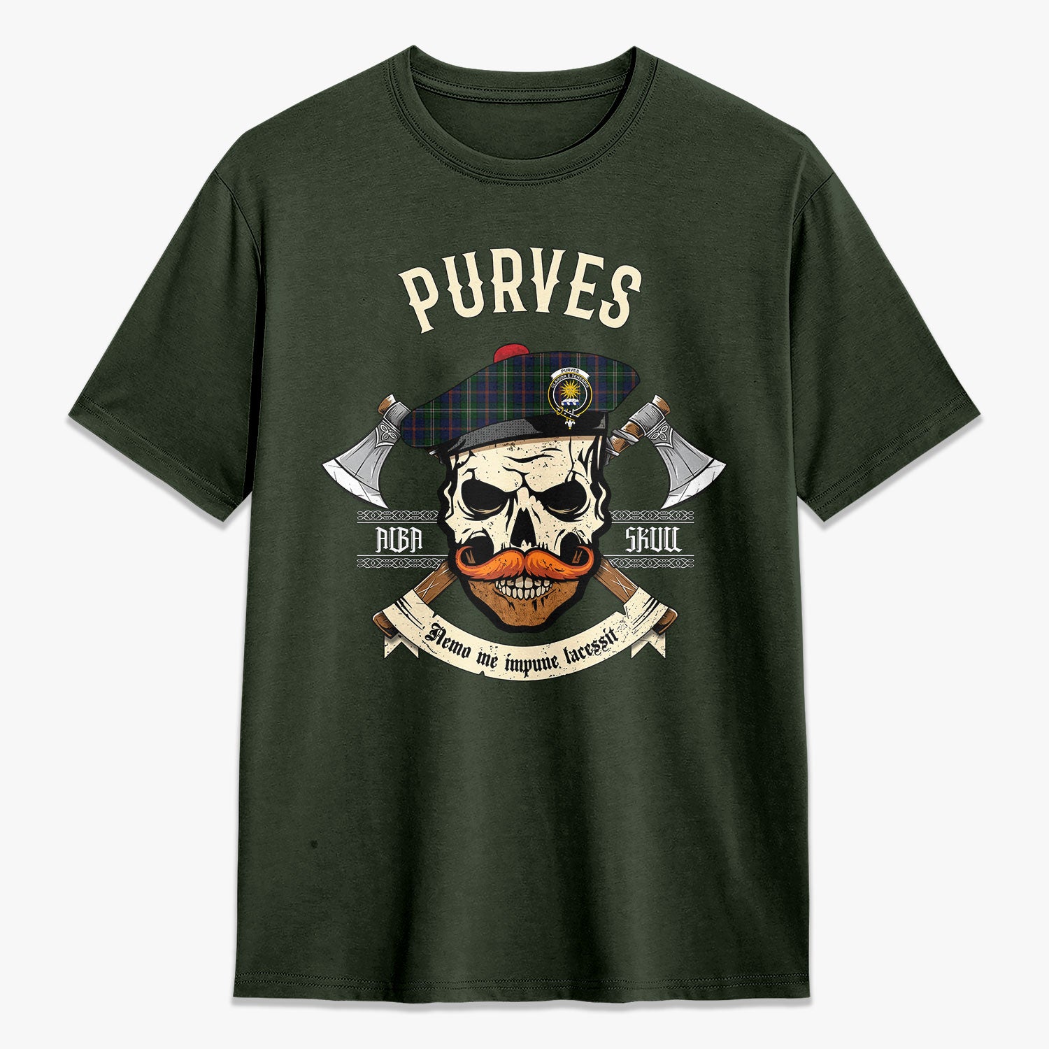 Purves Tartan Crest 2D T-shirt - Alba Skull Style