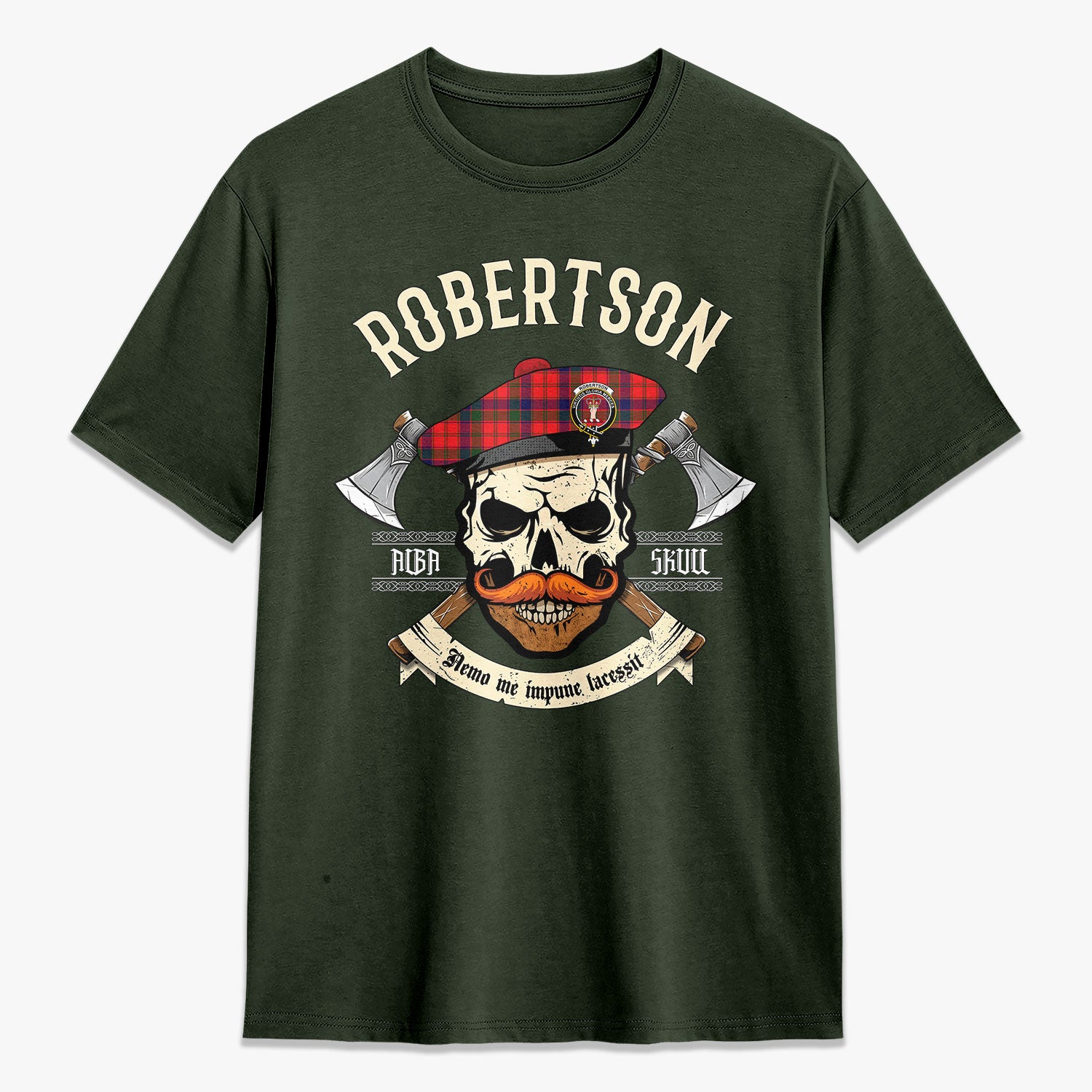 Robertson Modern Tartan Crest 2D T-shirt - Alba Skull Style