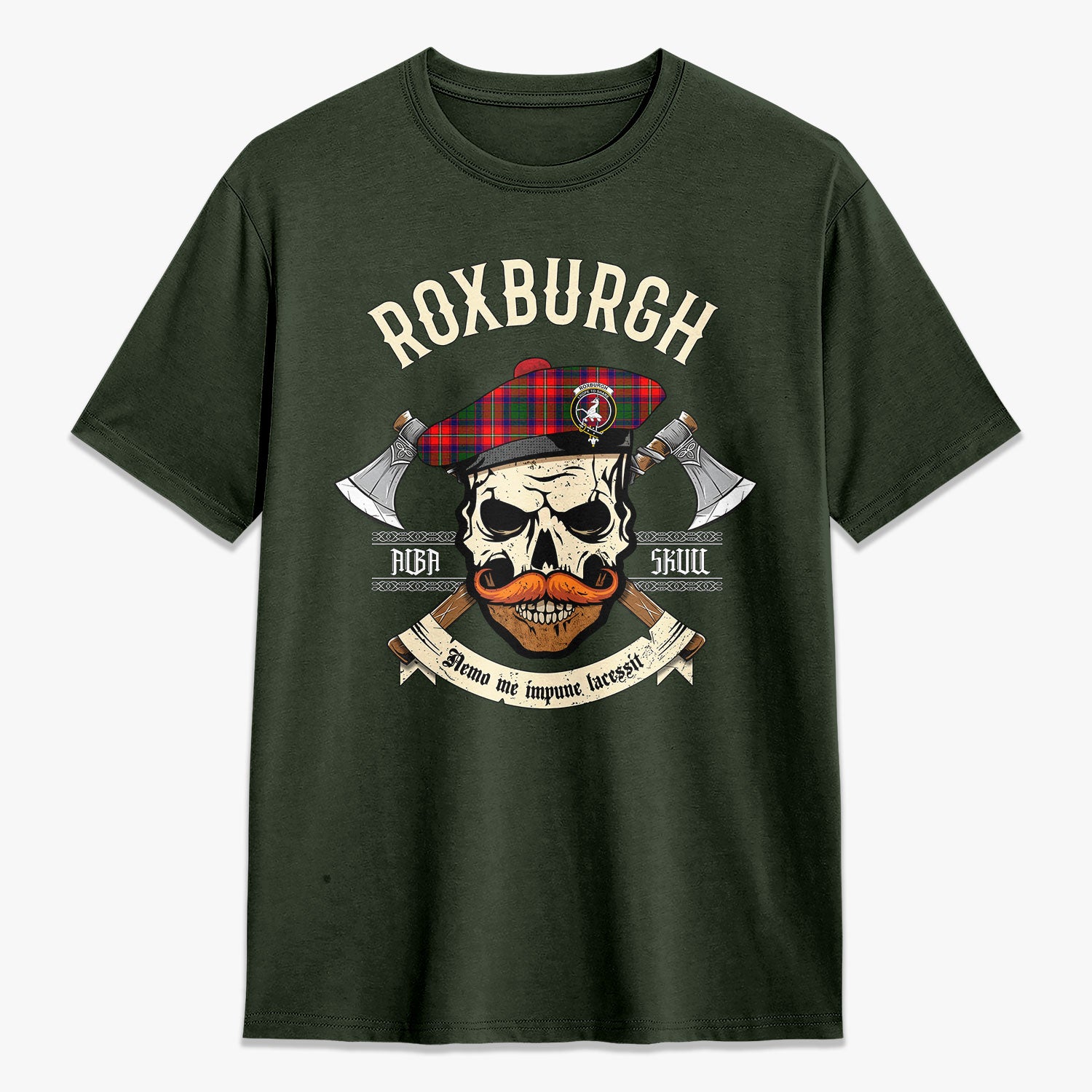 Roxburgh District Tartan Crest 2D T-shirt - Alba Skull Style