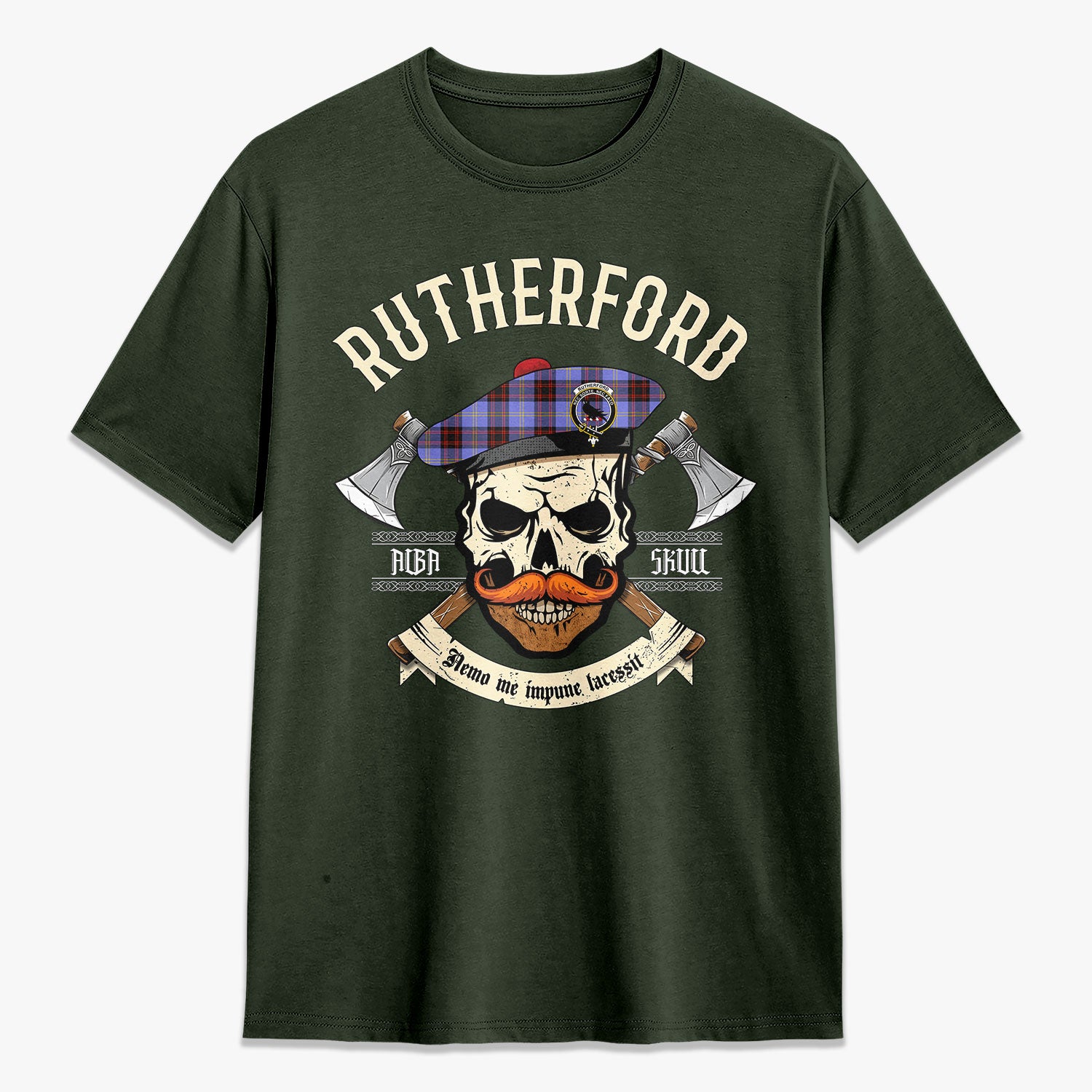 Rutherford Tartan Crest 2D T-shirt - Alba Skull Style