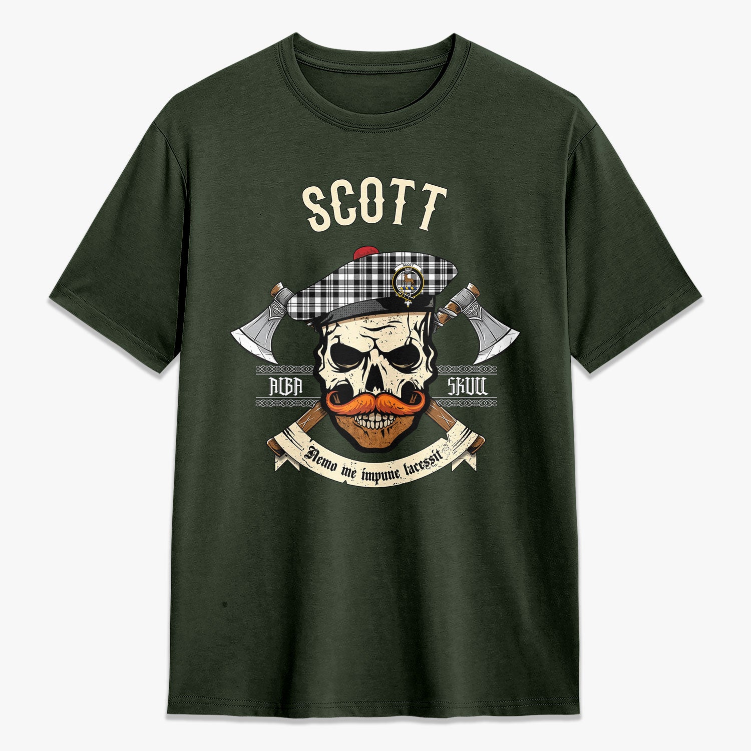 Scott Black & White Modern Tartan Crest 2D T-shirt - Alba Skull Style