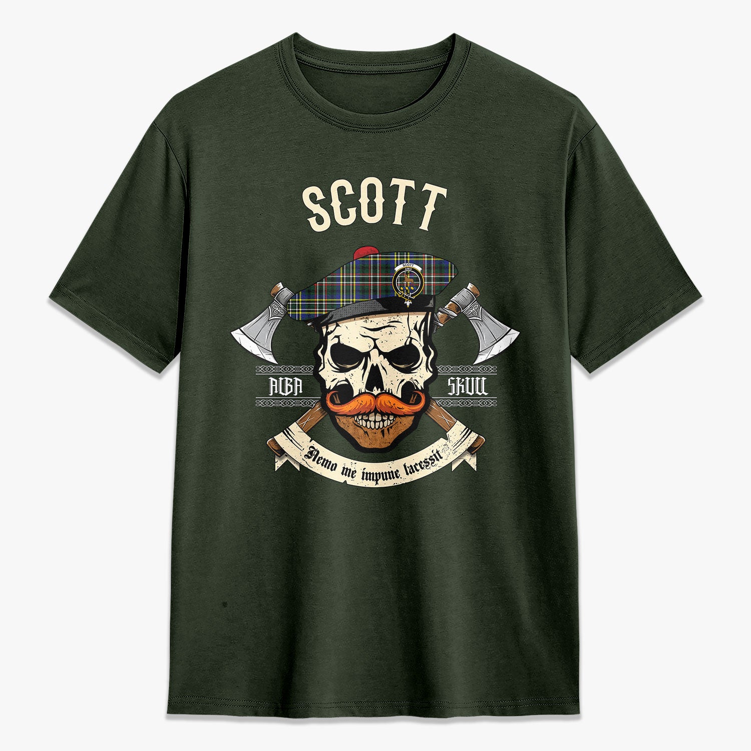 Scott Green Modern Tartan Crest 2D T-shirt - Alba Skull Style