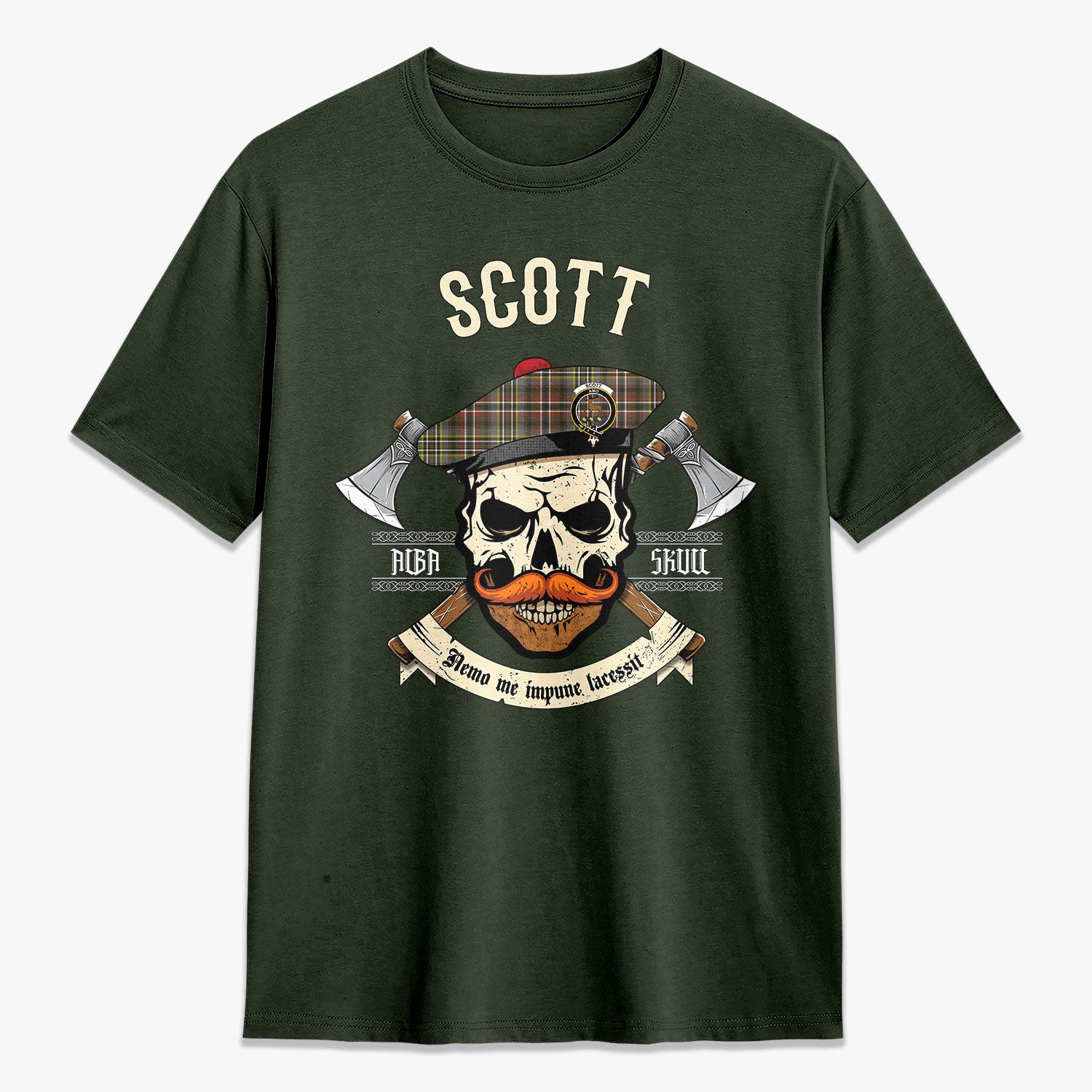 Scott Green Weathered Tartan Crest 2D T-shirt - Alba Skull Style