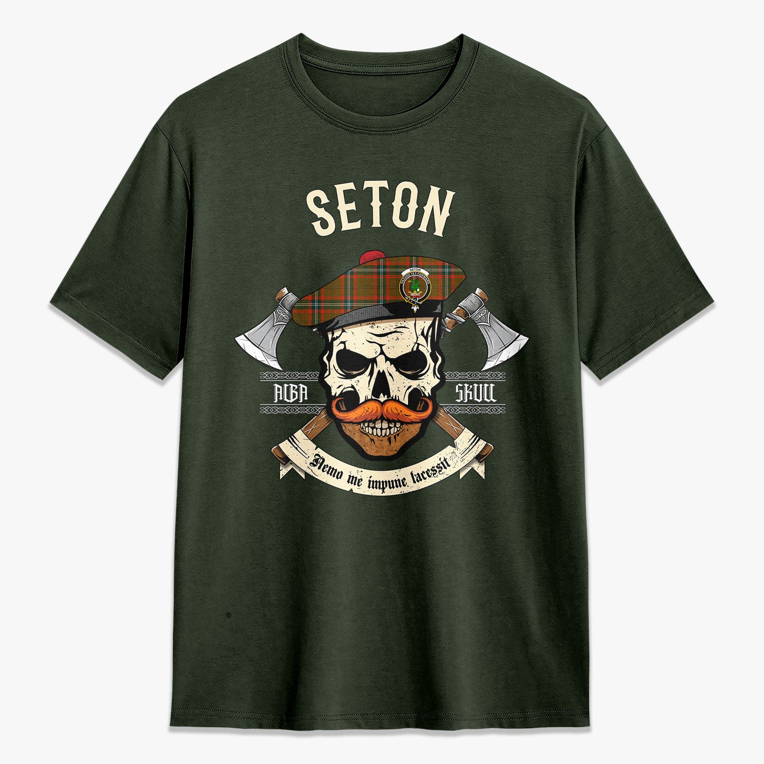 Seton Hunting Modern Tartan Crest 2D T-shirt - Alba Skull Style