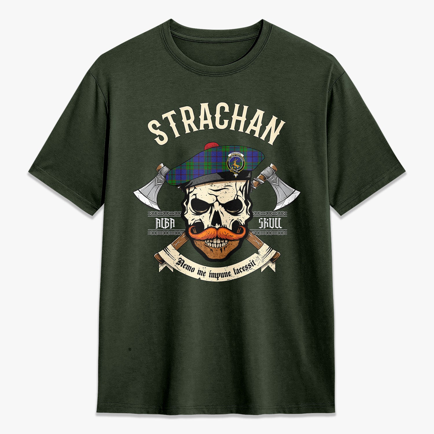 Strachan Tartan Crest 2D T-shirt - Alba Skull Style