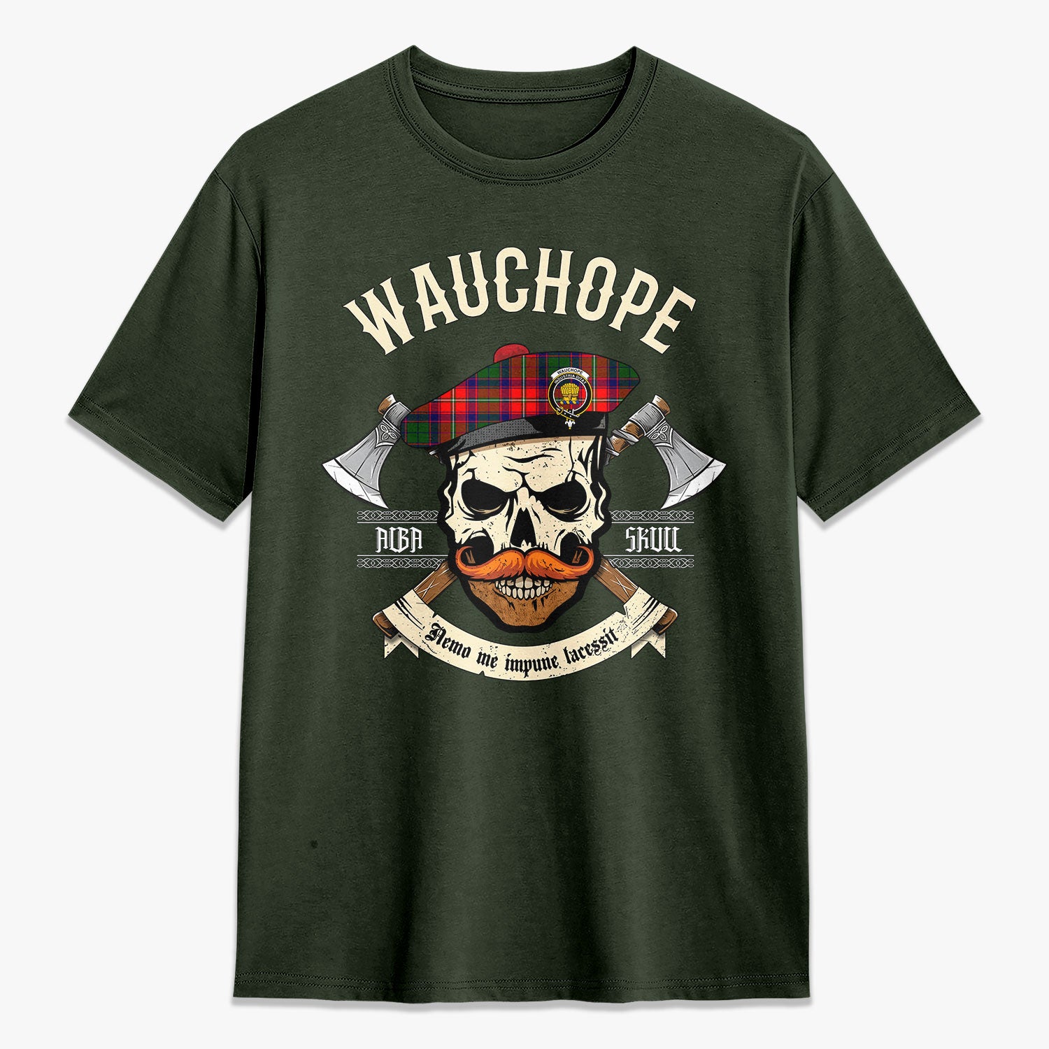 Wauchope (or Waugh) Tartan Crest 2D T-shirt - Alba Skull Style