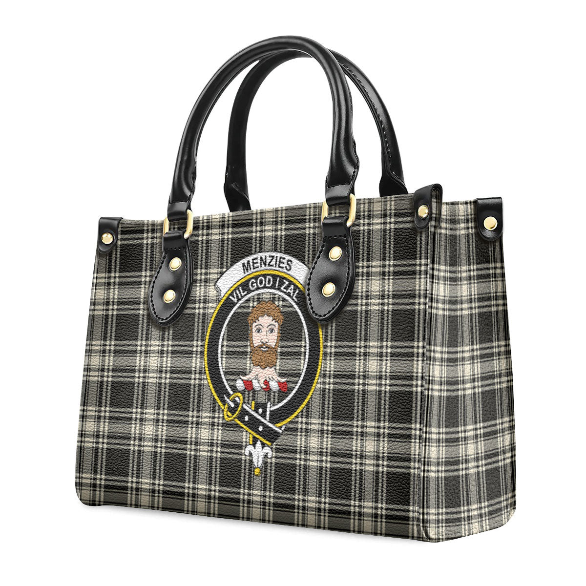 Menzies Black - White Ancient Tartan Crest Leather Handbag