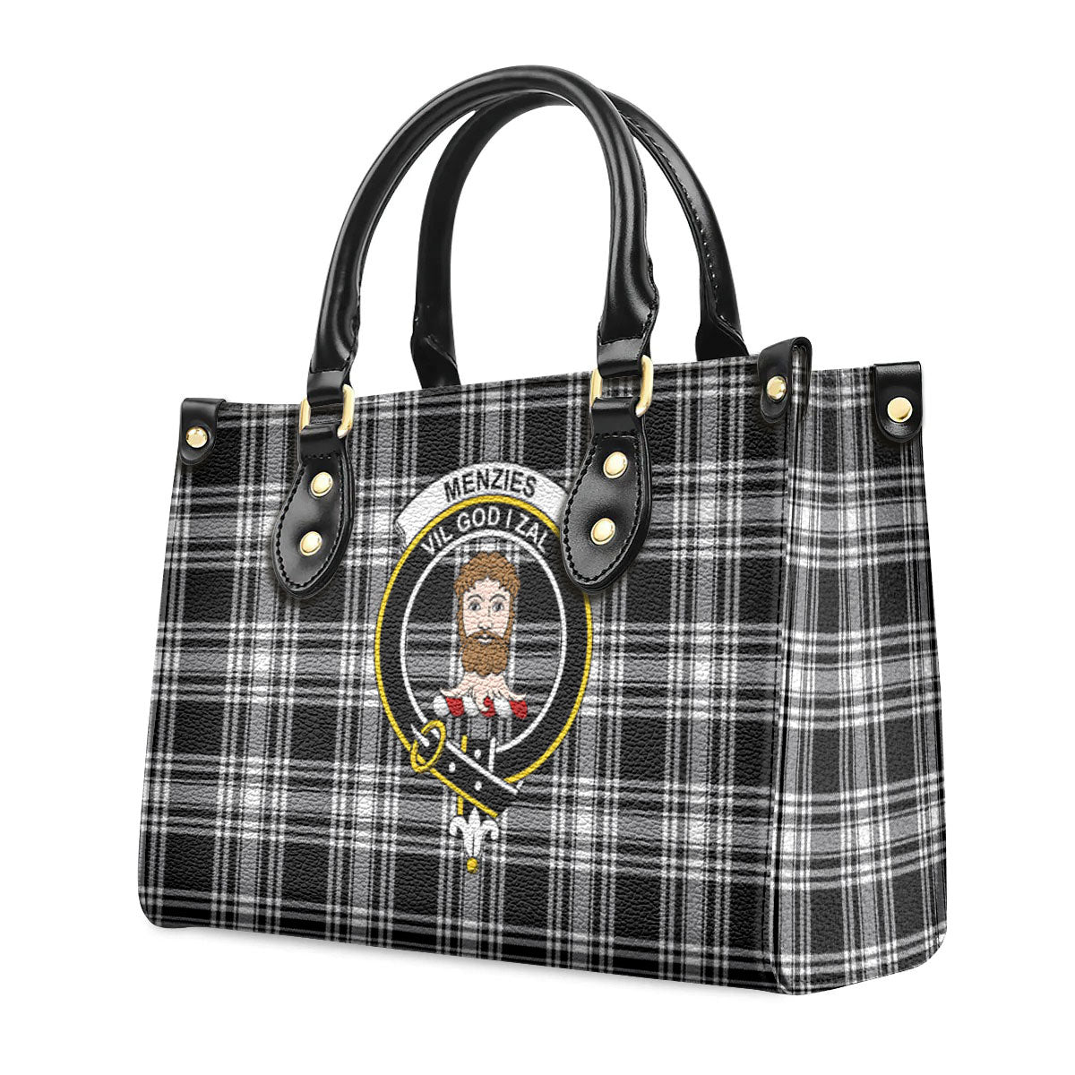 Menzies Black - White Modern Tartan Crest Leather Handbag